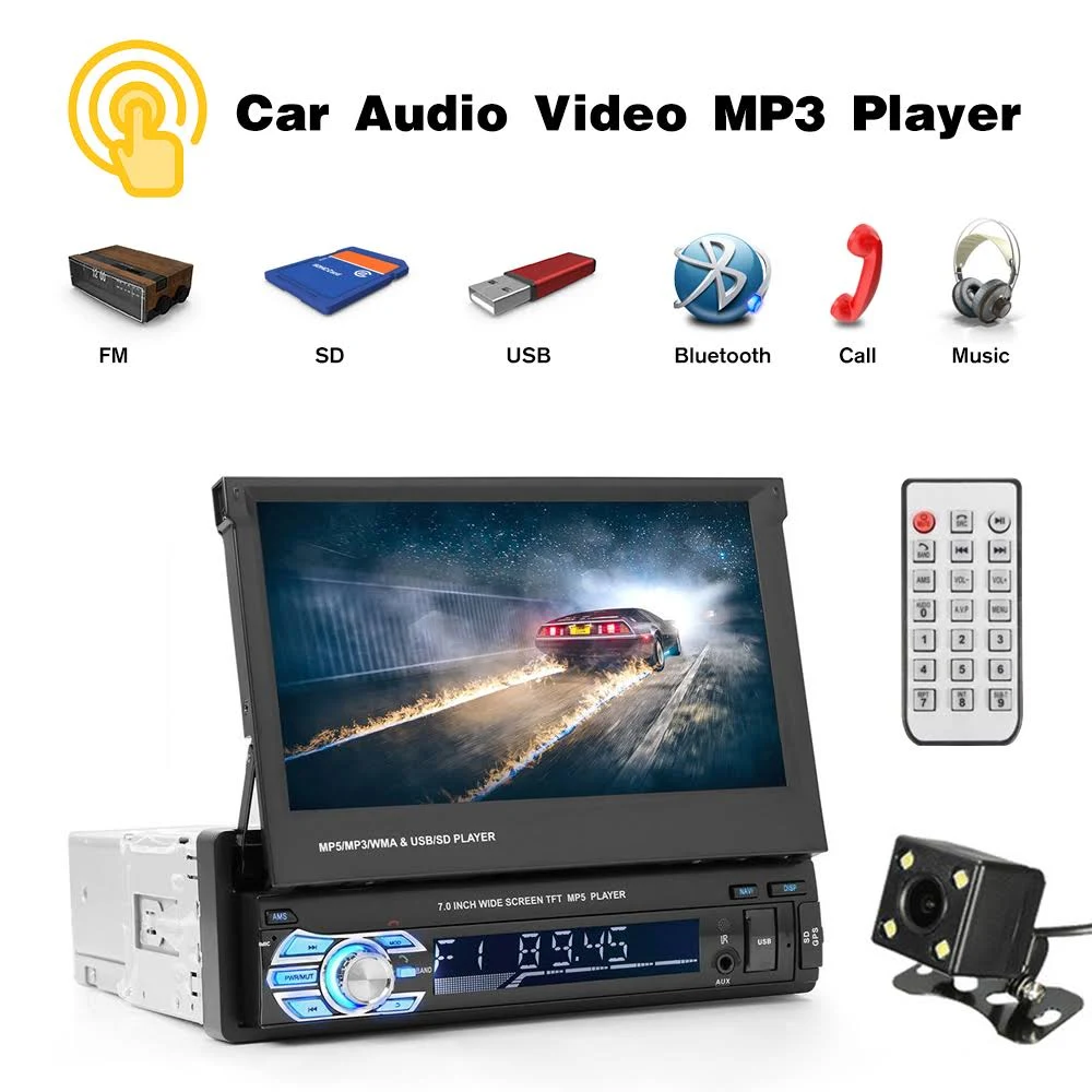 Podofo Car Stereo Audio Radio Bluetooth 1din 7x22 HD Retractable Touch Screen Monitor MP5 SD FM USB Player Rear View Camera