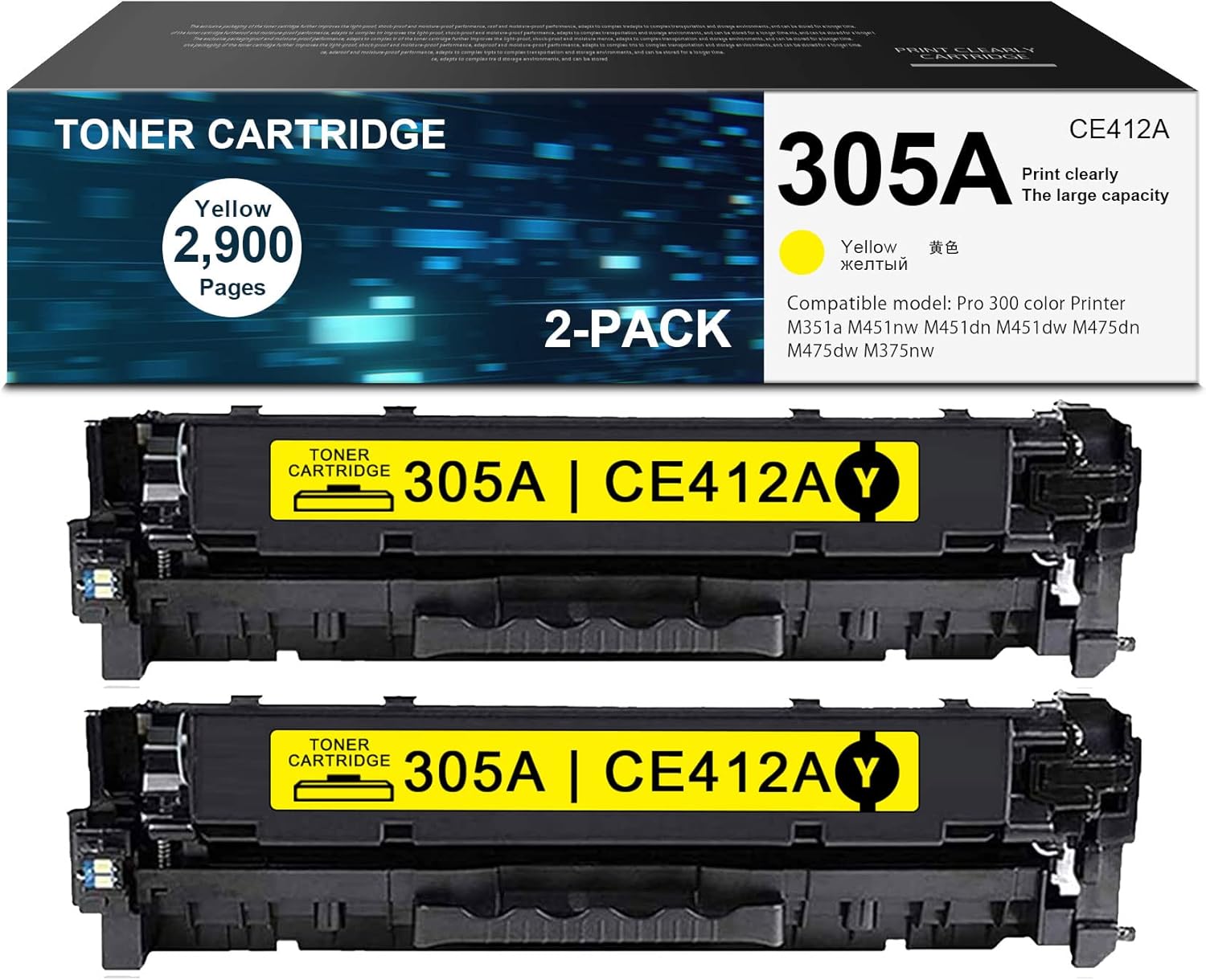2 Pack 305A CE412A Yellow Toner Cartridge Compatible for HP M375nw M451nw M475dn M451dn M475dw M351a M451dw Printer Toner-Sold by DIOUSAINK.