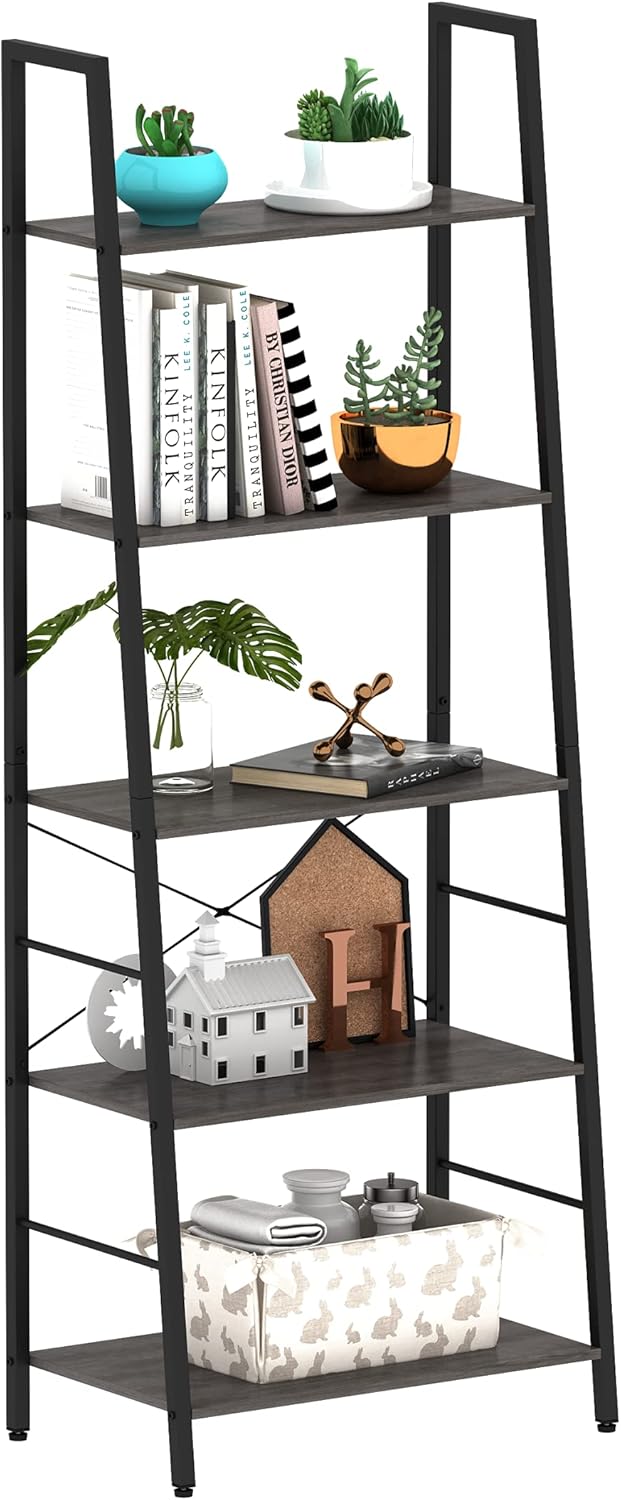 Gadroad Ladder Shelf, Industrial 4-Tier Ladder Bookshelf, Free Standing Storage Rack Shelf, with Metal Frame, Utility Organizer Shelves for Home Office Kitchen, Grey Oak