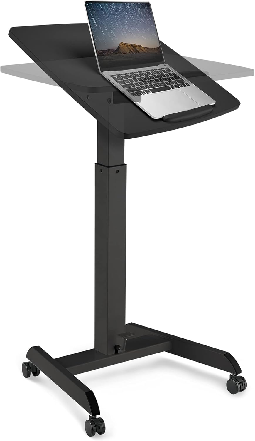 OCOMMO Height Adjustable and Tilt Laptop Stand Lectern, Workstation with Wheels, Pneumatic Adjustable Podium with Tilt Laptop Table, Black