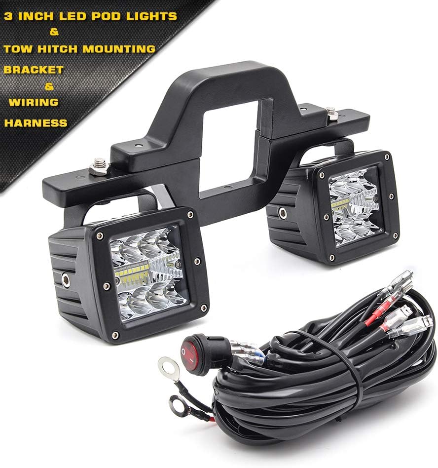 Chelhead Towing Hitch Led Lights Set 3 inch Led Pod Lights with 2.5 inch Towing Hitch Mounting Brackets and 12ft Wiring Harness for Truck Trailer SUV Pickup as Backup Fog Lights Rear Search Lighting