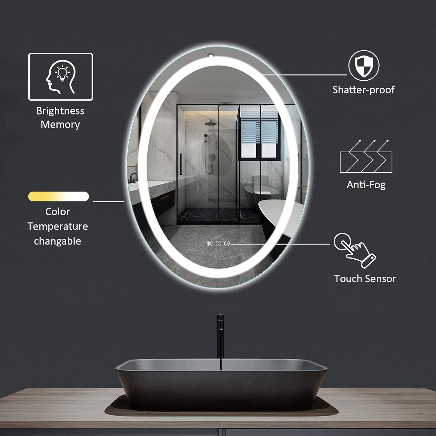 Amorho LED Bathroom Mirror Oval 20x28, Shatter-Proof Dimmable Anti-Fog Frameless Vanity Mirrors for Wall, Colors Adjustable (Backlit + Front-Lighted)