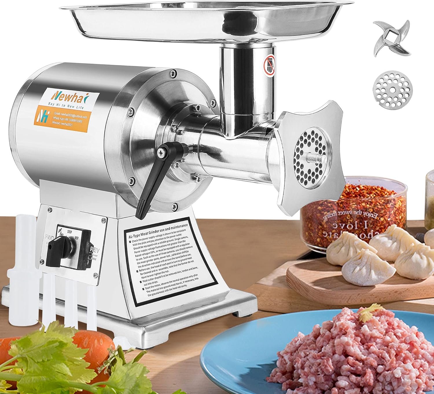 Newhai 850W Commercial Meat Grinder Electric Meat Grinding Machine Heavy Duty Industrial Meat Mincer Sausage Stuffer with Copper Motor Grinding Plates Stuffing Tubes for Restaurant (110V US Plug)