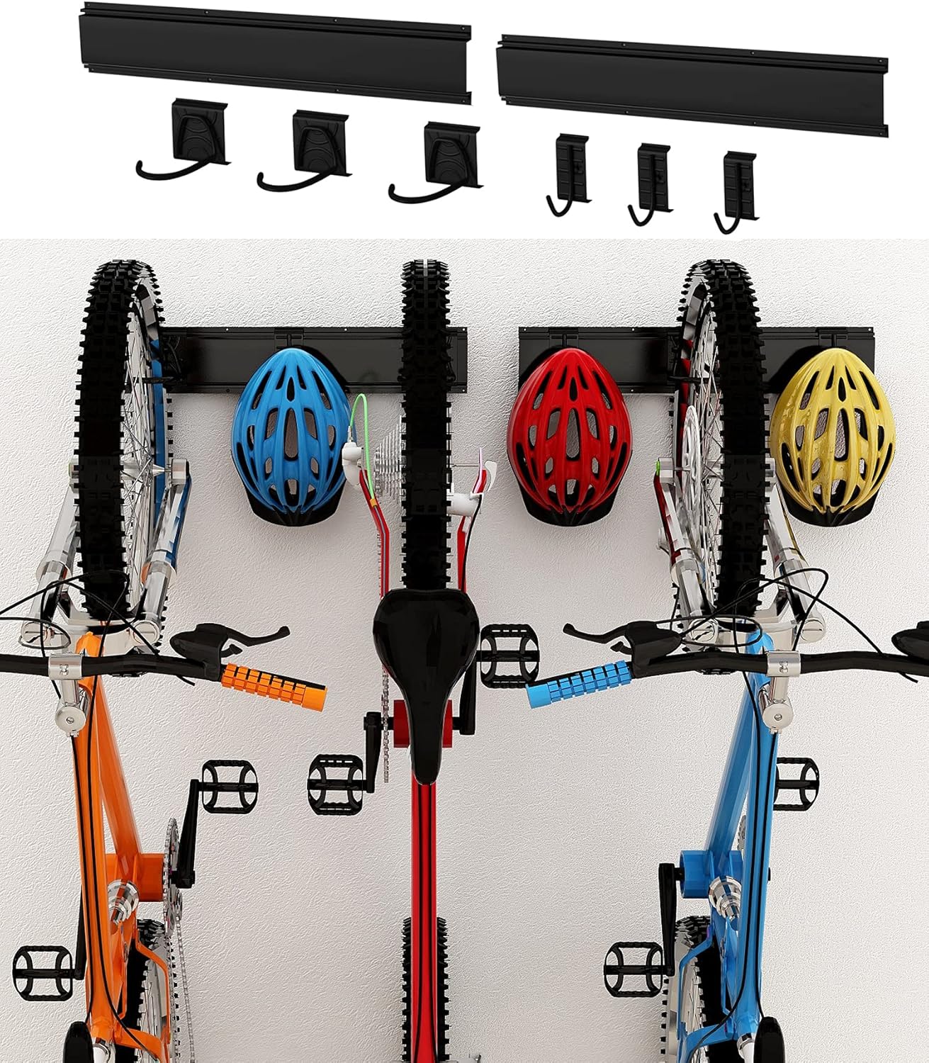 Dirza Bike Storage Rack Wall Mount Garage Bike Hanger for 6 Bicycles Adjustable Bike Hooks for Home indoor Holds Up to 500lbs(6 bike hooks + 6 bike accessory hooks) Pack of 2