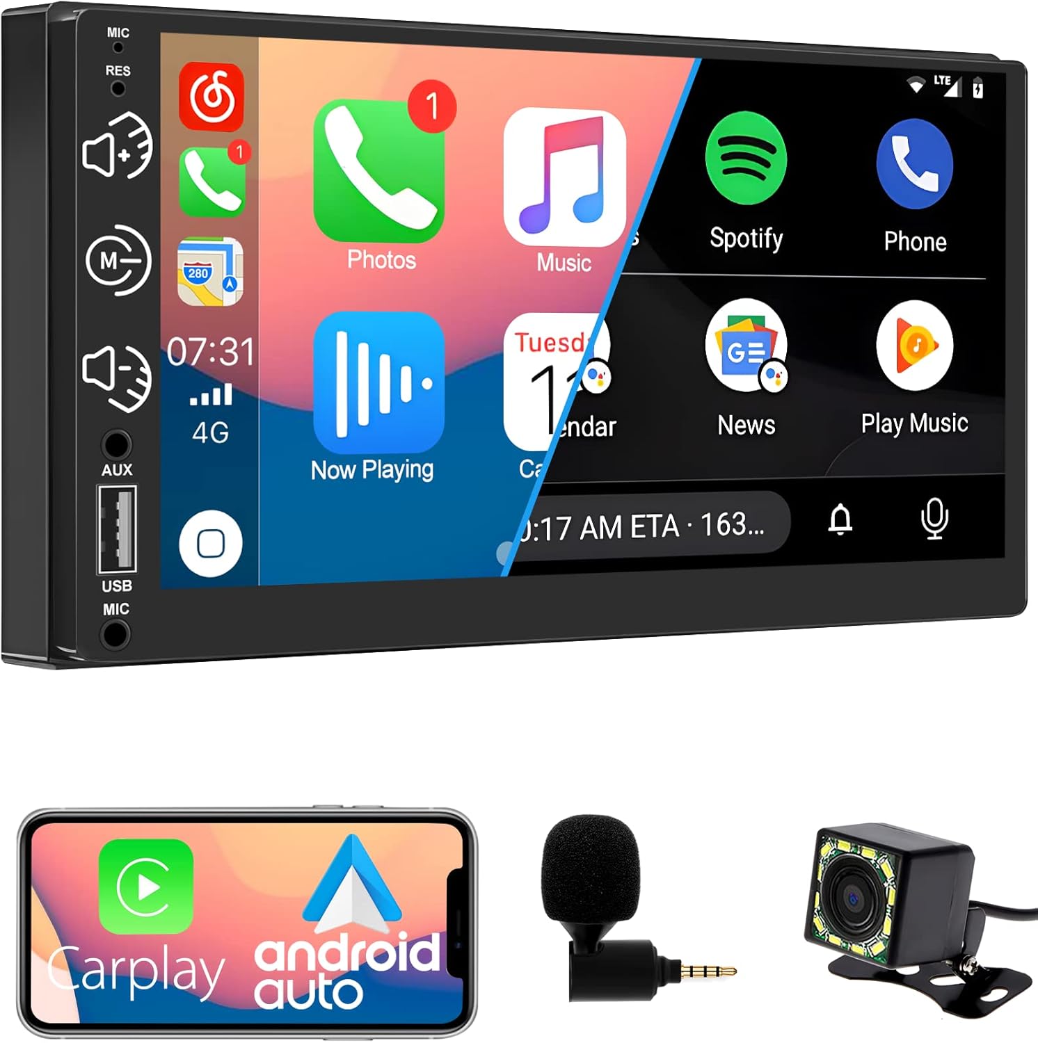 Car Stereo Double Din- Carplay & Android Auto, 7 Inch Touchscreen Car Audio Receiver with Bluetooth Car Multimedia Player with Backup Camera, AM/FM Radio, Voice Control, AUX Input, Mirror Link