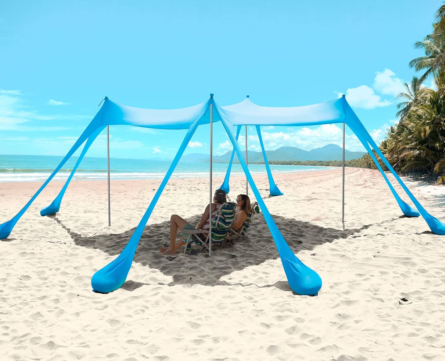 Beach Canopy with 8 Sandbags, Upgrade Beach Canopy Tent Sun Shade UPF50+, 2 Sand Shovel, Ground Pegs and Storage Bag, Beach Tent Sun Shelter for Beaches, Lawn, Parks, Picnic, Fishing