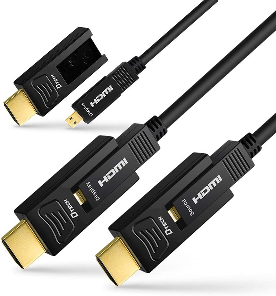 DTECH Fiber Optic HDMI Cable 4K 60Hz 444 422 420 Chroma Subsampling 18Gbps Ultra HD with Micro HDMI and Standard HDMI Connector (Black, 10 Feet) Pack of 2