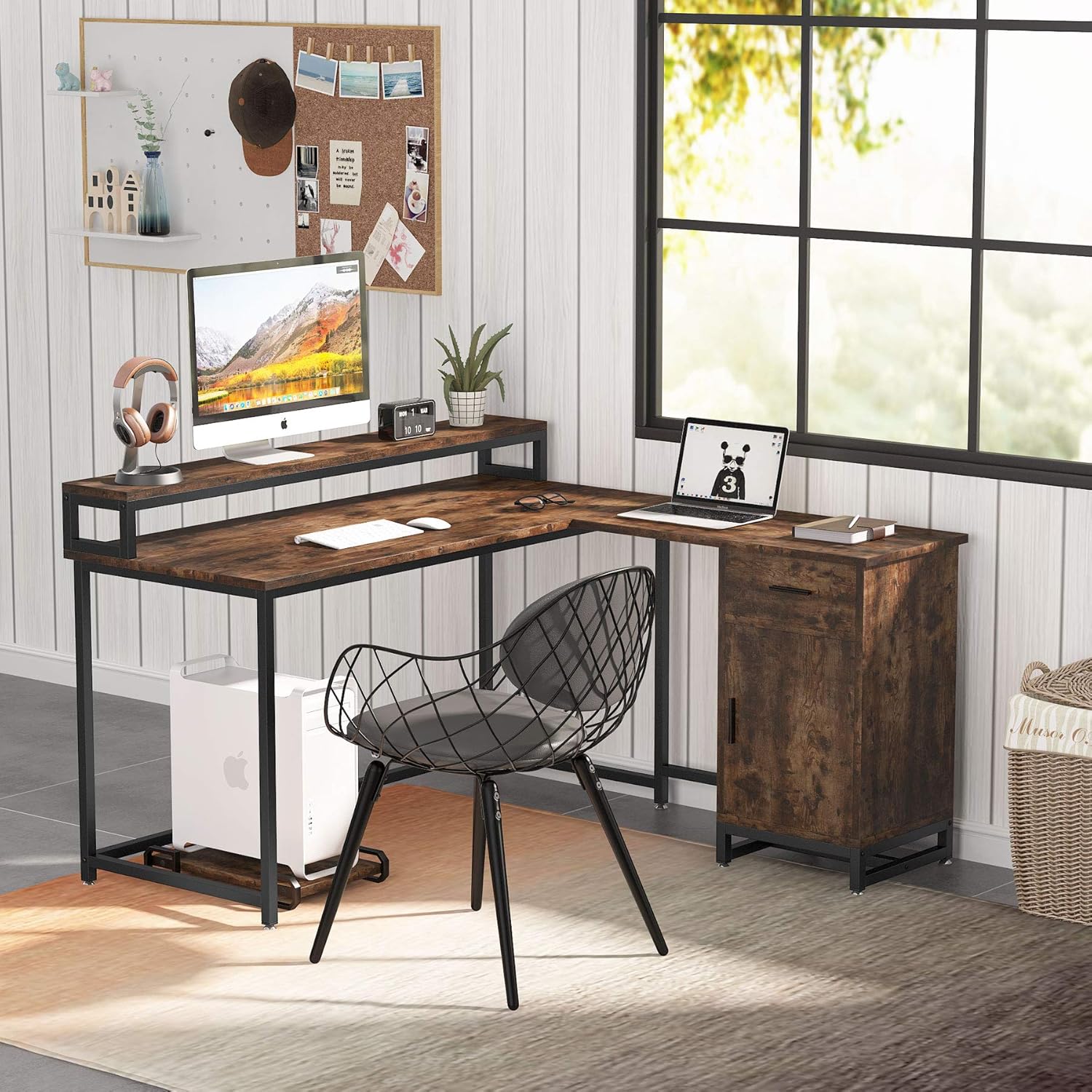 Tribesigns L Shaped Computer Desk,55 inches Office Corner Desk with Drawer and Storage Cabinet, Industrial Writing Study Table with Monitor Stand for Home Office, Space Saving