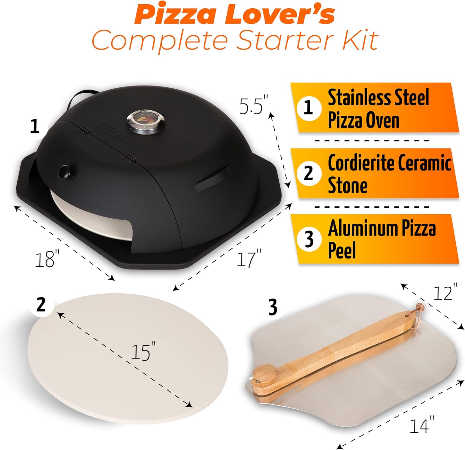 Geras Outdoor Pizza Oven for Grill Kit - Portable Pizza Oven For Outside with Pizza Stone, Pizza Peel and Thermometer &ndash; Home Backyard Pizza Maker for Most 18