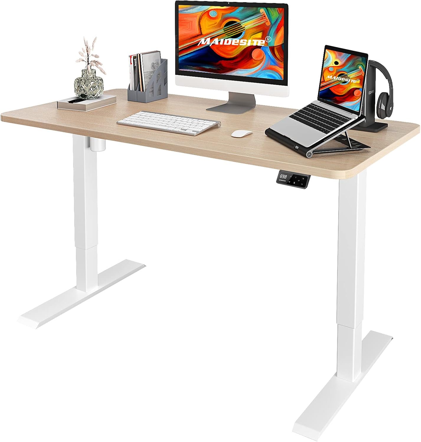 MAIDeSITe Adjustable Height Electric Standing Desk, Ergonomic Stand Up Desk for Home Office, Sit Stand Desk with 48 x 24 Inch Whole Piece Board, Quick Assembly Adjustable Table, Black Frame/Black Top