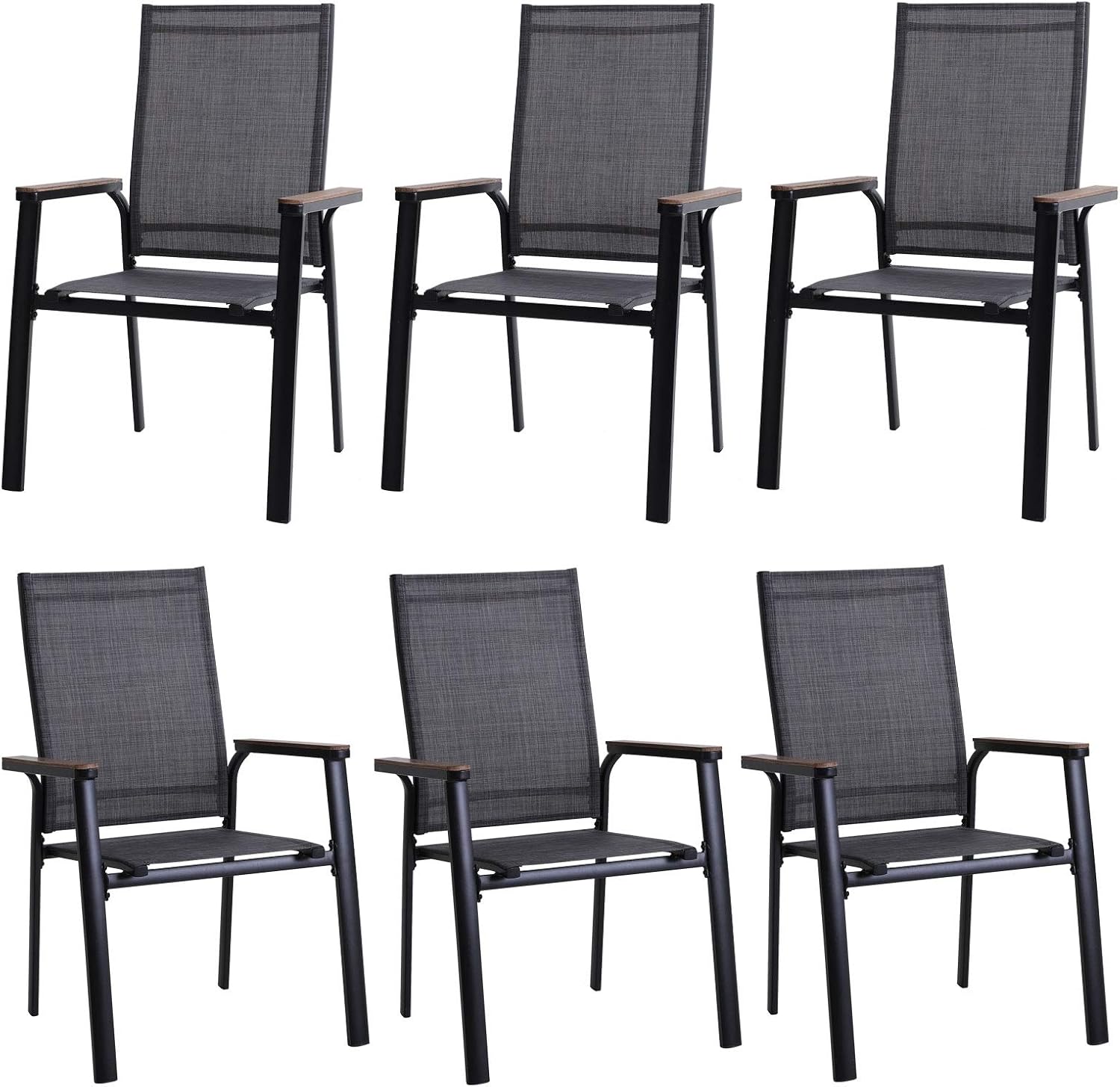 PHIVILLA Patio Dining Chairs Clearance, Lightweight Aluminum Outdoor Sling Chairs with Extra Wide Seat & Wood-Like Armrest, Stackable Space Saving Garden Lawn Chairs for All Weather, Set of 6