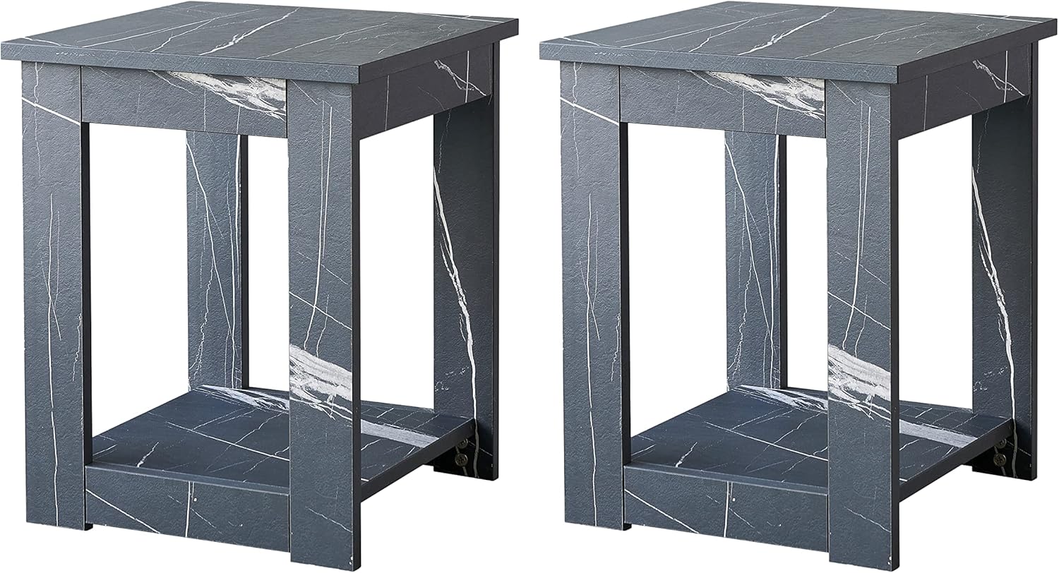 KOKSHER End Table Set of 2 Sofa Side Tables Two PCS 16 inch Square Nightstand with 2 Shelves Black Gray Stone Texture Corner Shelves Living Room Bedroom Kitchen Furniture