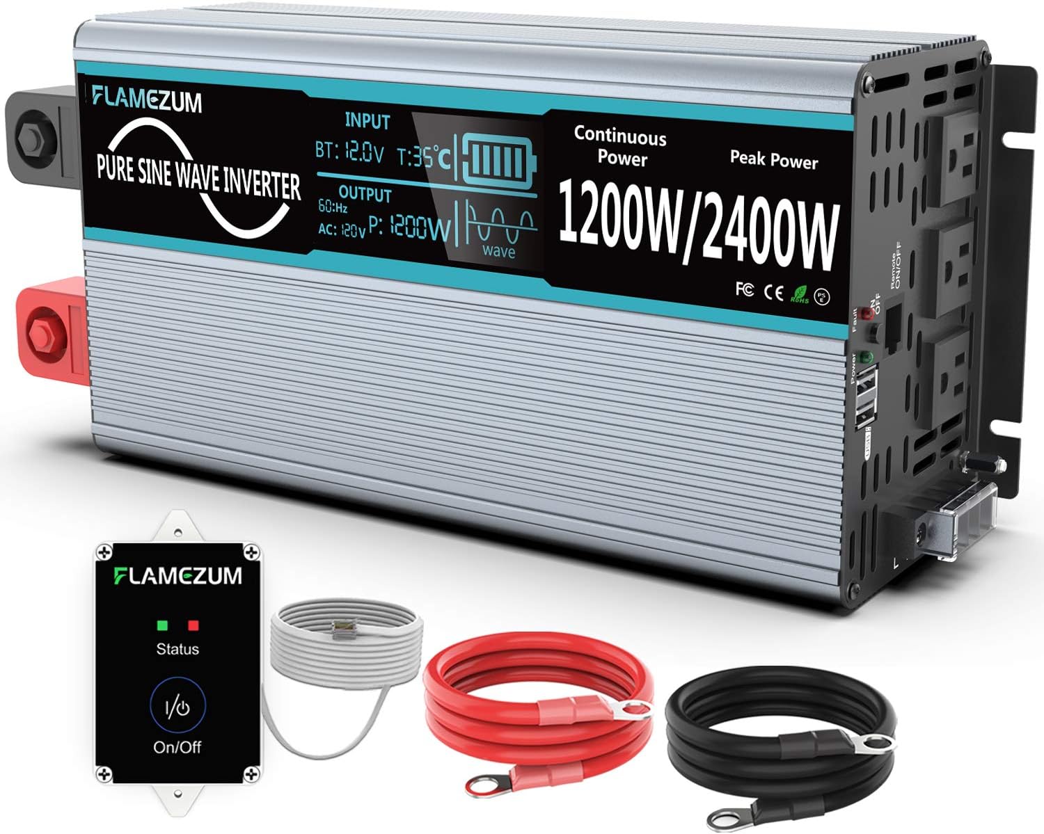 FLAMEZUM Power Inverter Pure Sine Wave-1200 Watt 12V DC to 110V/120V AC Converter- 3 AC Outlets Car Inverter with 2 USB Port-15Ft Remote Control and Two Cooling Fans-Peak Power 2400 Watt