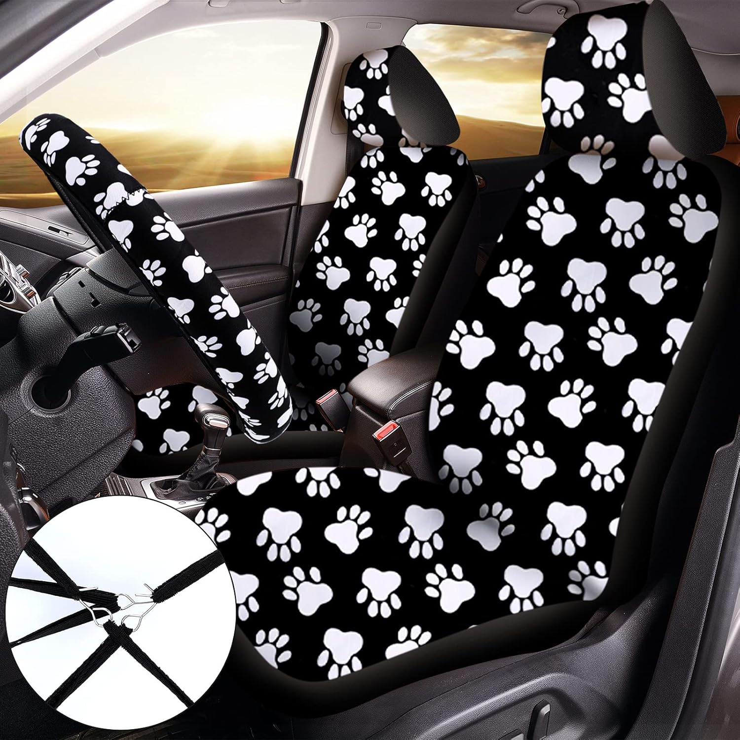 10 Pieces Dog Paw Car Accessories Set Dog Cat Paw Print Car Seat Covers Car Steering Wheel Cover Dog Paw Car Coasters Armrest Pad Cover Seat Belt Pads Key Chain Wrist Strap for Car SUV Truck