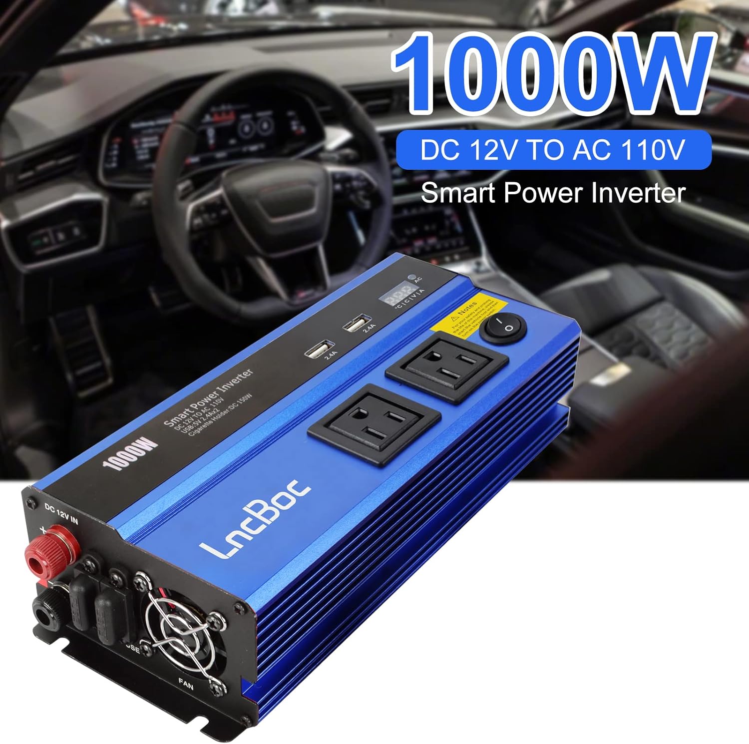 LncBoc 1000W Car Power Inverter DC 12V to 110V AC Converter, Modified Sine Wave Inverter with Dual AC Outlets and 2.4A Dual USB Ports Car Charger Adapter