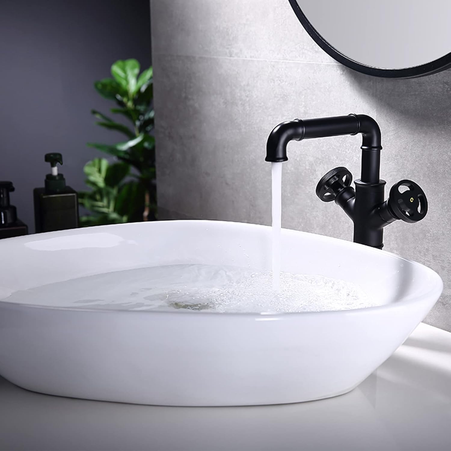 Trealif Industrial Style Bathroom Sink Faucet 1 Hole 2 Handles Solid Brass,Vessel Basin Faucet Matte Black