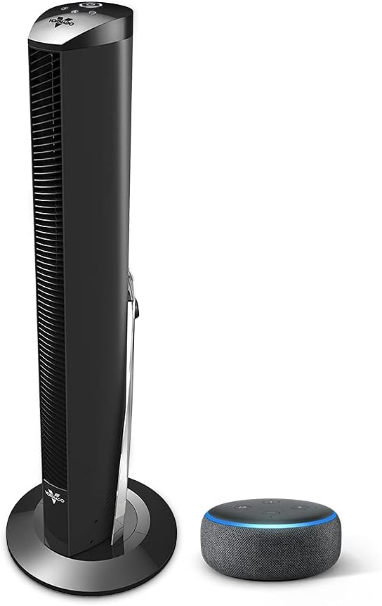 Vornado OSCR37 AE Oscillating Tower Fan and Air Circulator with Remote, Compatible with Alexa, Whole Room, Black, with Echo Dot (3rd gen), Charcoal