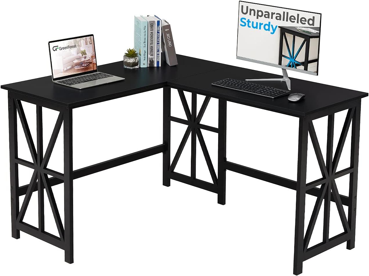 GreenForest L Shaped Corner Desk, Industrial Style Compact Design Computer Gaming Desk PC Laptop Workstation for Home Office, Oak