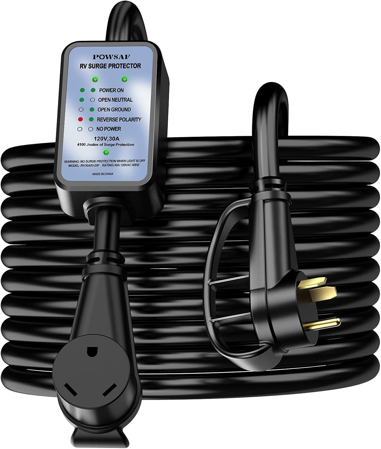 POWSAF 30 amp rv Extension Cord, 25 FT Waterproof rv Surge Protector 30 amp (4100 Joules) with Circuit Analyzer LED Indicator Light, Designed with Easy to Use Handles, rv Accessorie
