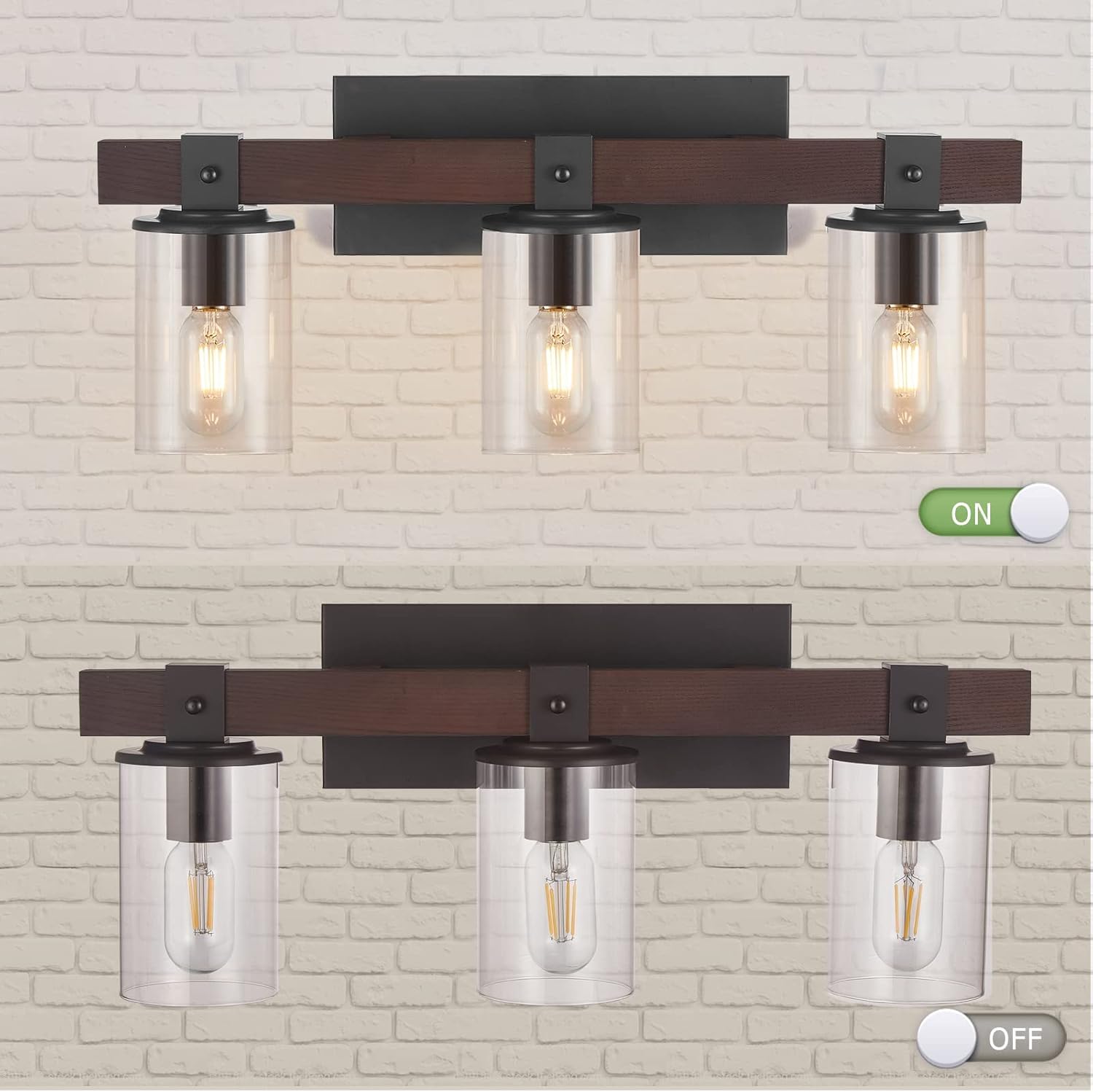 Rustic Vanity Light,3-Light Industrial Wood Finish Farmhouse Bathroom Lighting,Clear Glass and Black Metal Base Wall Sconce Lighting Fixtures.