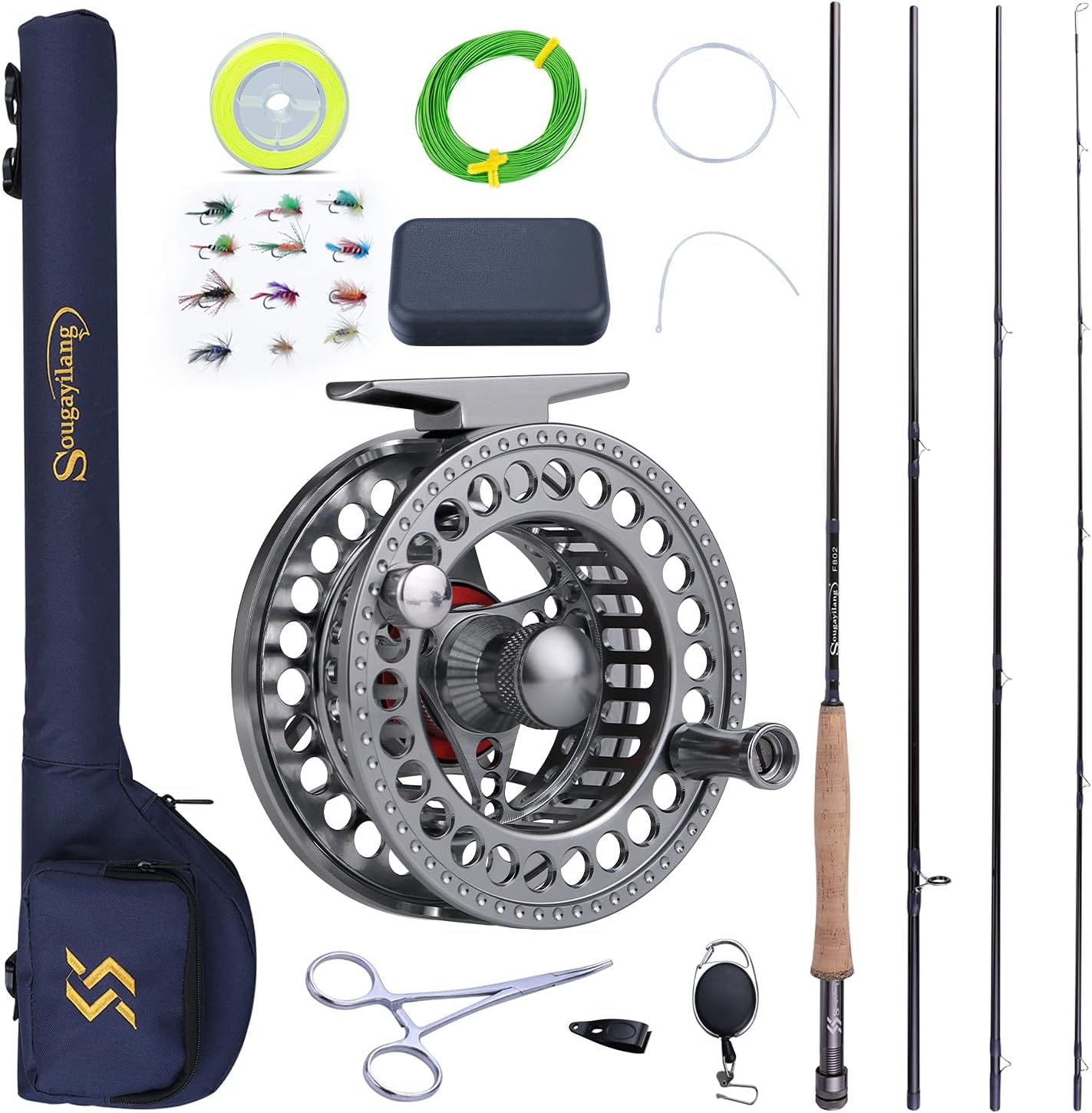 Sougayilang Fly Fishing Rod and Reel Combo, 4 Pieces Ultra Lightweight Portable Fly Rod and CNC Machined Aluminum Alloy Matte Reel Complete Starter Package with Rod Bag