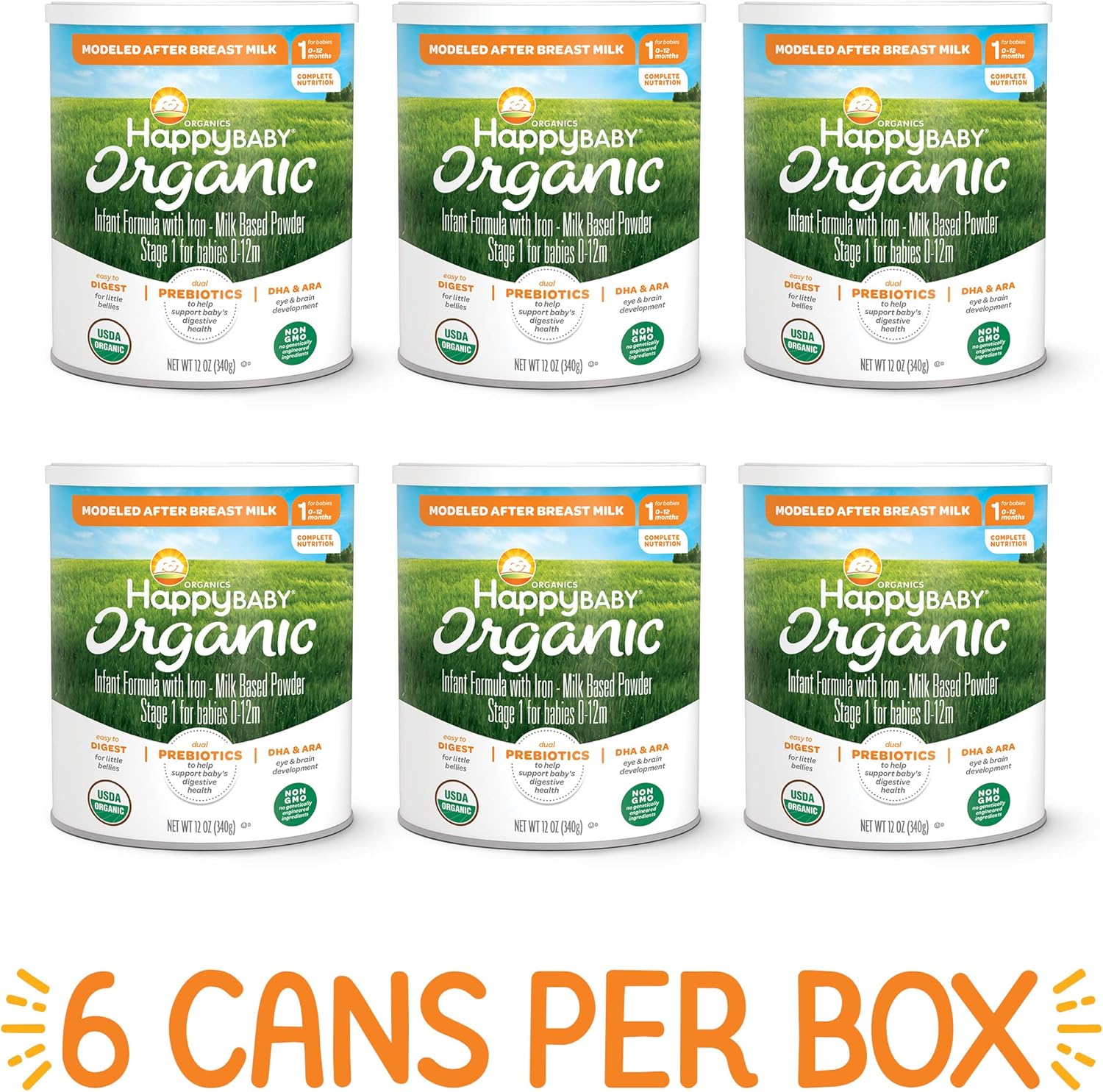 Happy Baby Organics Infant Formula, Milk Based Powder with Iron, Stage 1, 12 Ounce (Pack of 6) packaging may vary