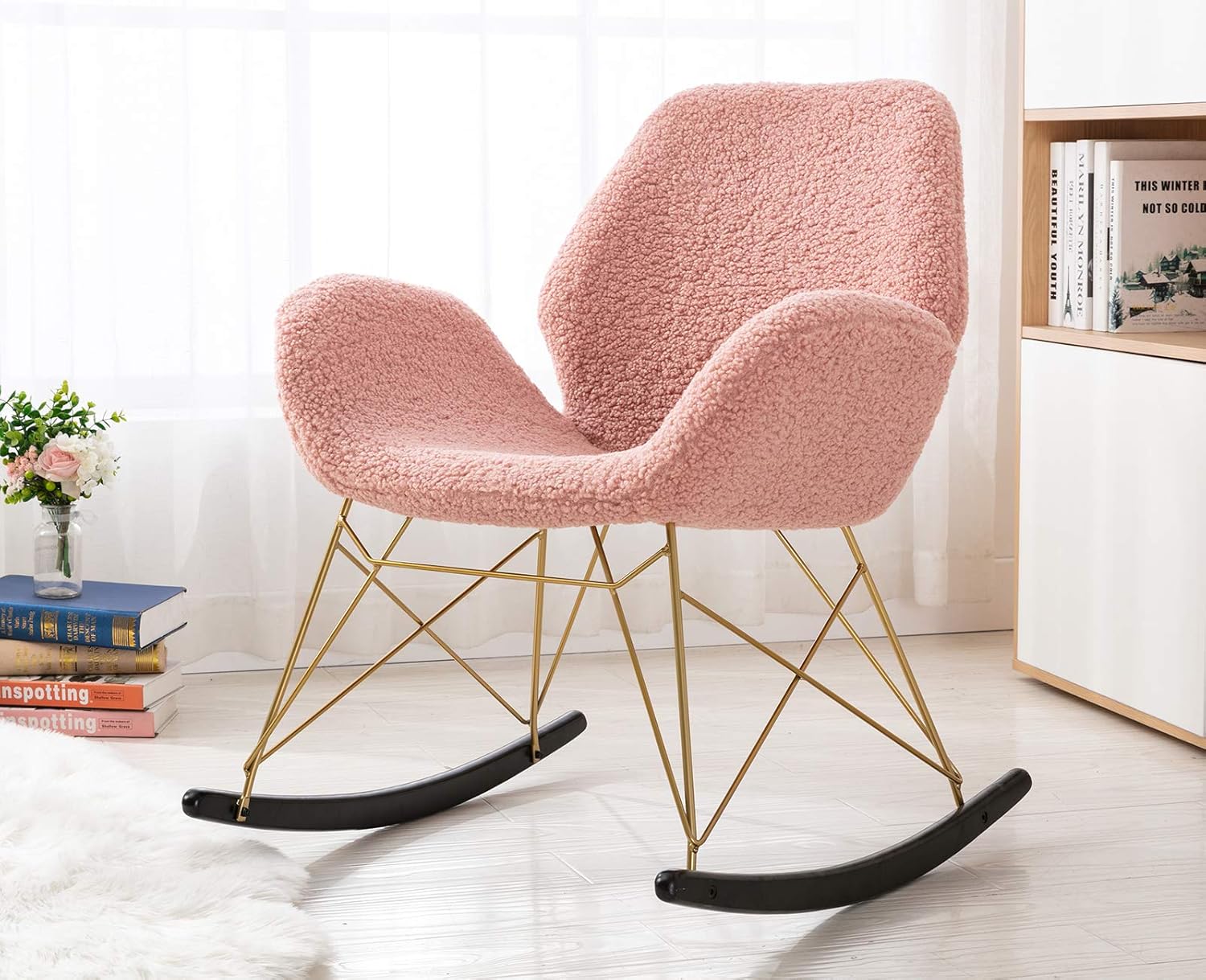 Chairus Modern Rocking Chair Living Room Accent Chair Lamb Wool Armchair Single Sofa Chair with Solid Wood Legs for Playroom, Bedroom and Small Space, White