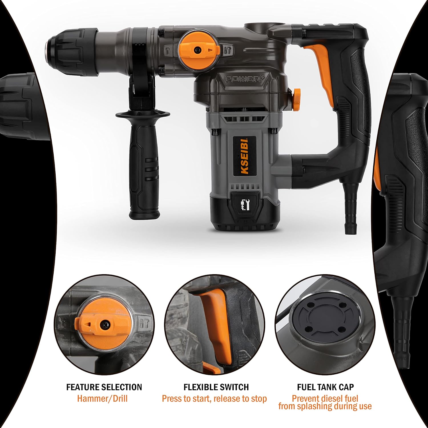 KSEIBI SDS-Plus Rotary Hammer Drill 1-1/8 Inch Demolition Tool 8.5 Amp Corded Power 4.5J Impact Rate, Safety Clutch 4 Functions Reduced Vibration System
