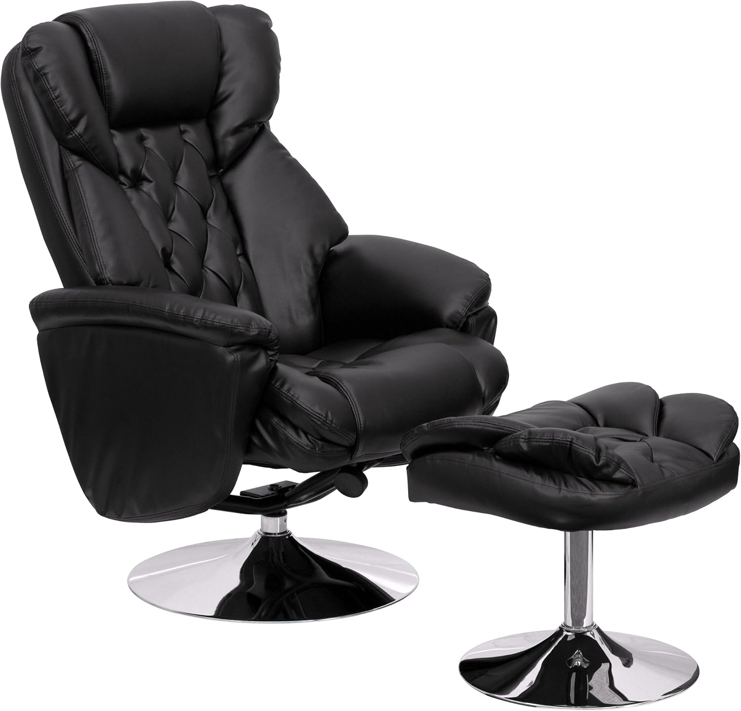 Flash Furniture Transitional Multi-Position Recliner and Ottoman with Chrome Base in Black LeatherSoft