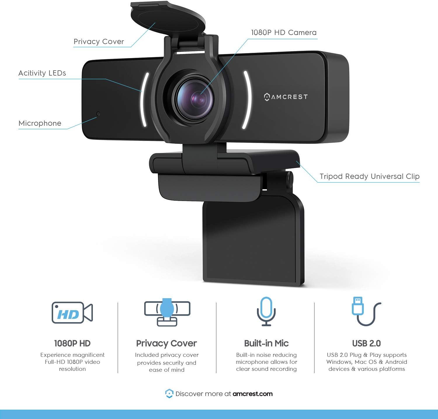 Amcrest 1080P Webcam with Microphone & Privacy Cover, Web Cam USB Camera, Computer HD Streaming Webcam for PC Desktop & Laptop w/Mic, Wide Angle Lens & Large Sensor for Superior Low Light (AWC205)