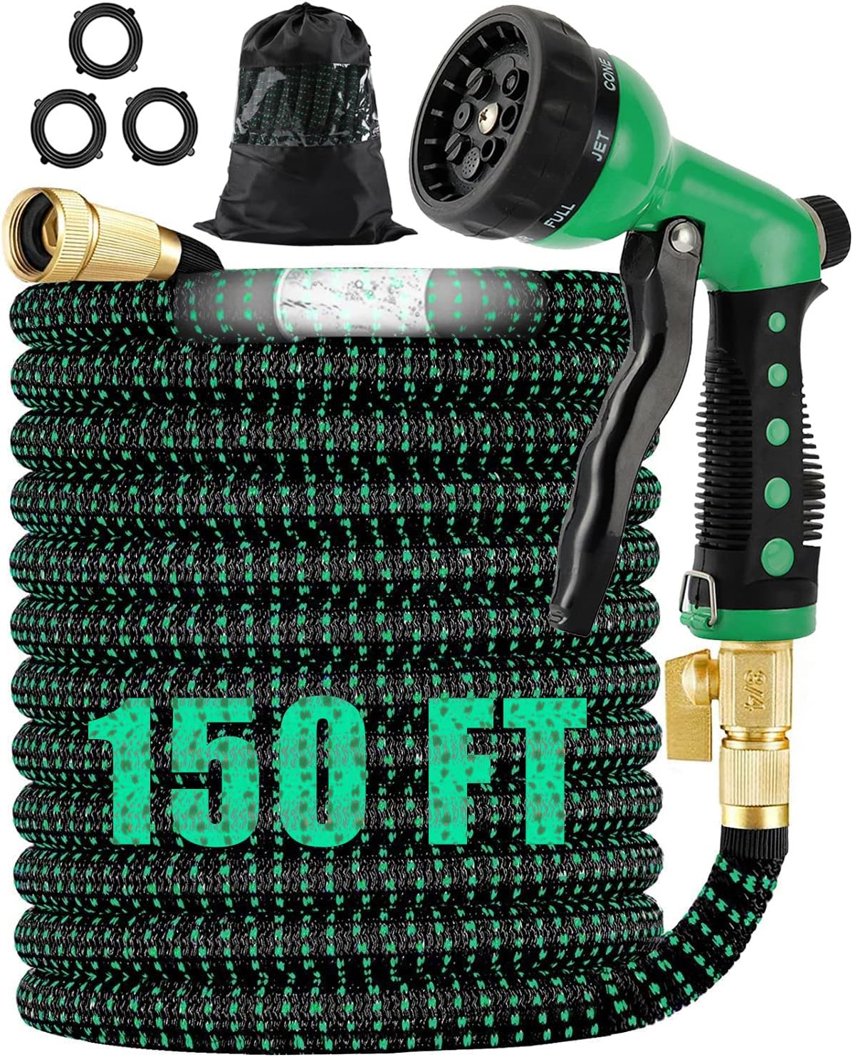 150ft Expandable Garden Hose Flexible Collapsible, Kink Free Retractable Water Hose Pipe Lightweight with 8 Function Heavy Duty Nozzle,4250D Durable 3 Layers Latex Core with 3/4