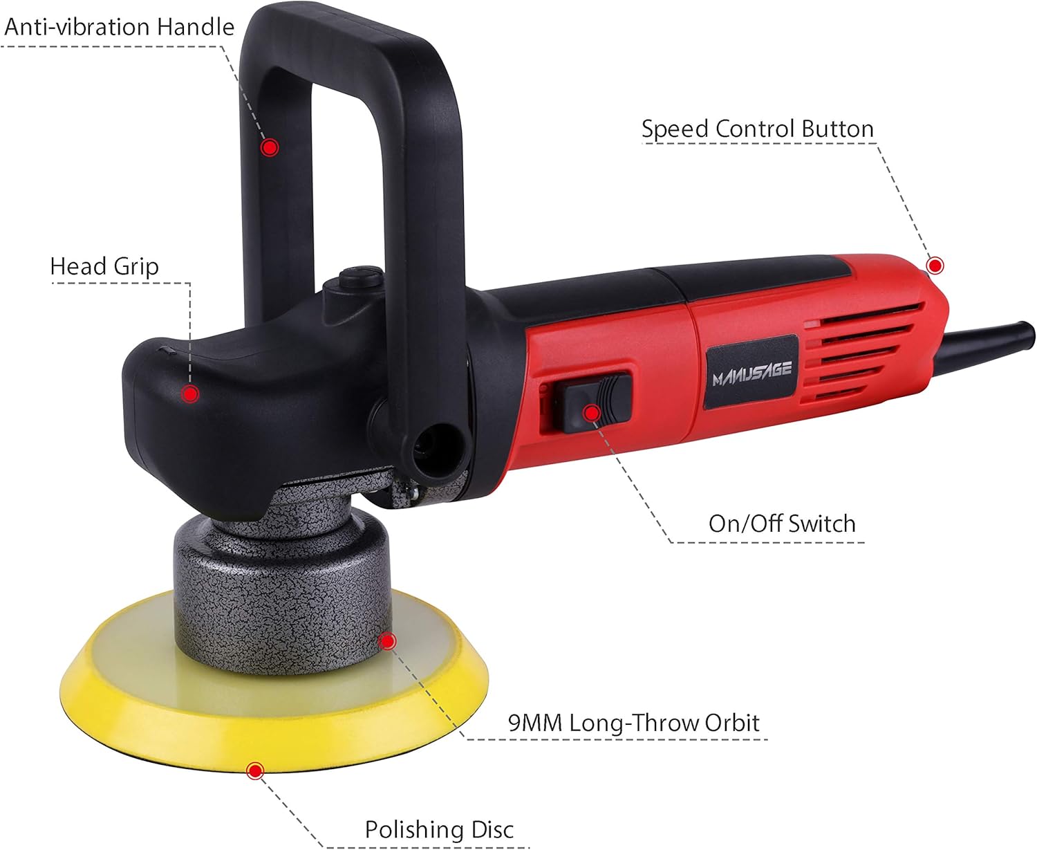 MANUSAGE 6-Inch Dual Action Car Polisher,7Amp Random Orbital Polisher,Variable Speed Buffer Polisher with Two Detachable Handles,Ideal for Car Detailing,Polishing,Waxing,Sanding & Sealing Glaze Pack of 2