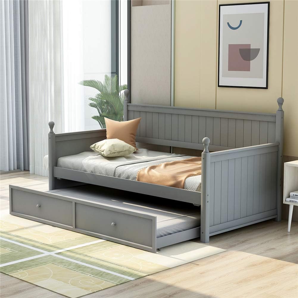 Wooden Twin Daybed with 3 Storage Drawers, Space-Saving Sofa Bed for Bedroom Living Room (Grey with Drawer)
