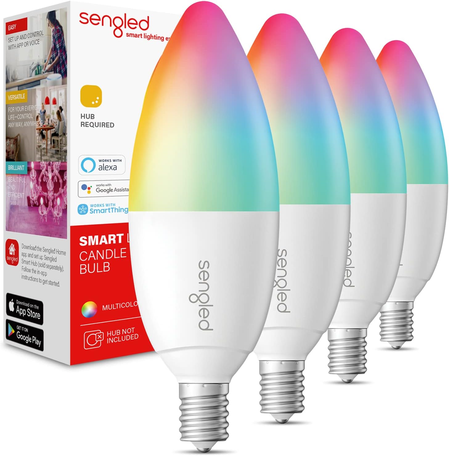 Sengled Zigbee Smart Candelabra Bulbs, Hub Required, Dimmable Multicolor E12 LED Candle Light Bulb Work with Alexa Echo(4th Gen), Echo Plus, Google/SmartThings, Voice/APP Control, 450 LM/40W Eqv. 4PK Pack of 2