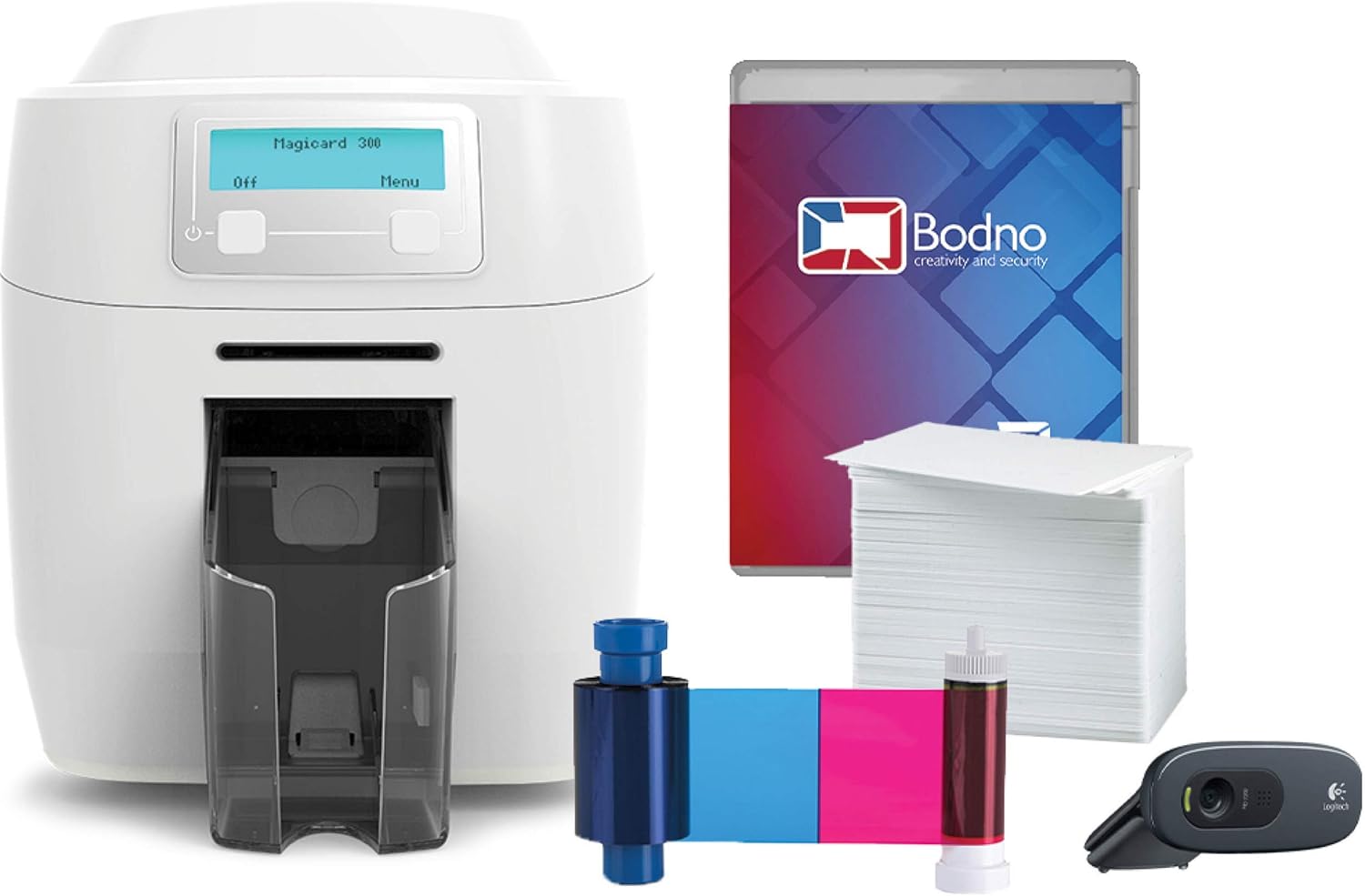 Magicard 300 Dual Sided ID Card Printer & Complete Supplies Package with Bodno ID Software - Silver Edition