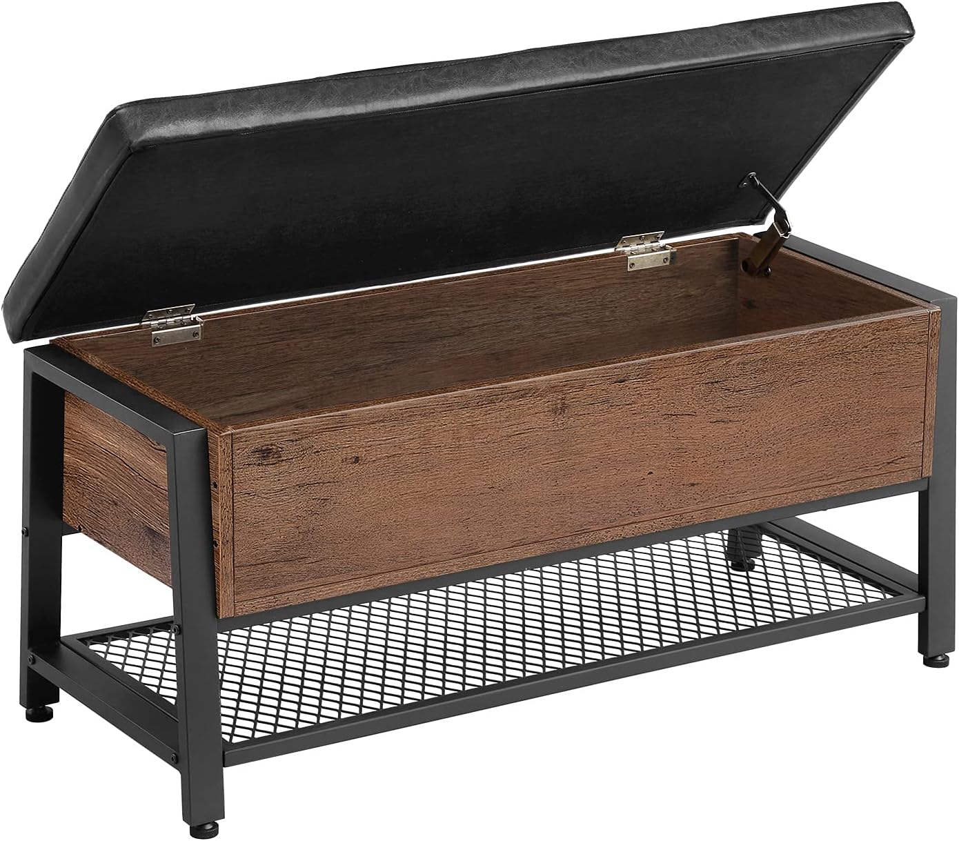 VASAGLE Industrial Storage Bench, Shoe Bench, Bed End Stool with Padded Seat and Metal Shelf, Storage Chest, Sturdy Steel Frame,Hallway, Living Room, Rustic Brown and Black ULSB47BX