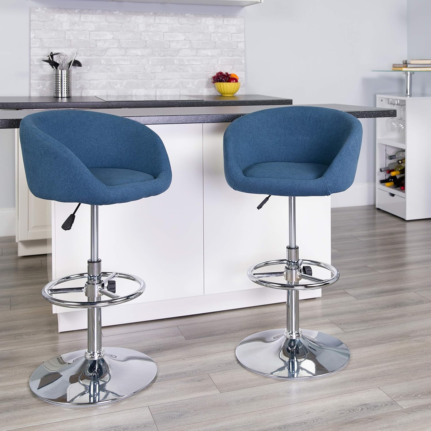 Flash Furniture Contemporary Blue Fabric Adjustable Height Barstool with Barrel Back and Chrome Base