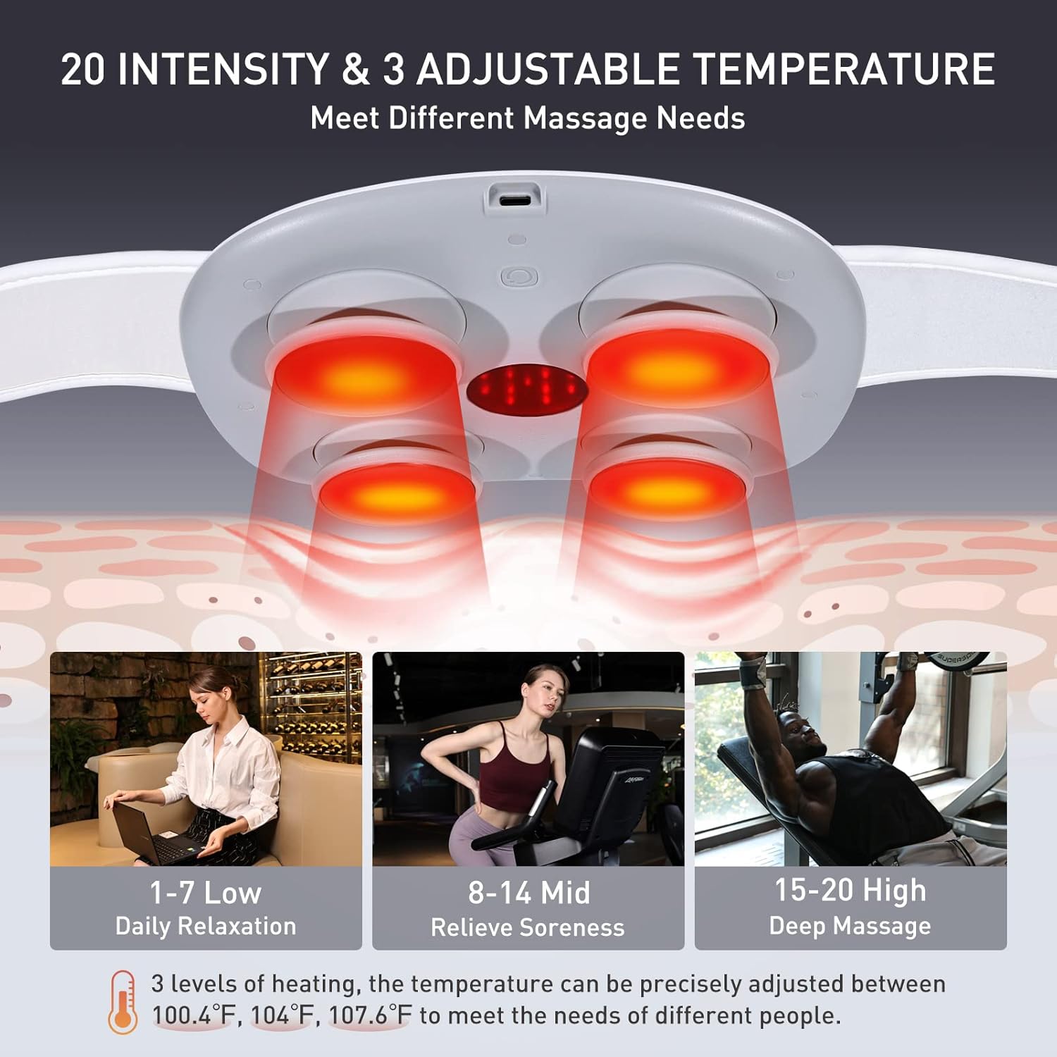 Lower Back Massager with Heat, Cordless Abdominal Massager with 6 Modes 20 Intensity 3 Heating Levels for Waist, Lumbar Use, Remote Control