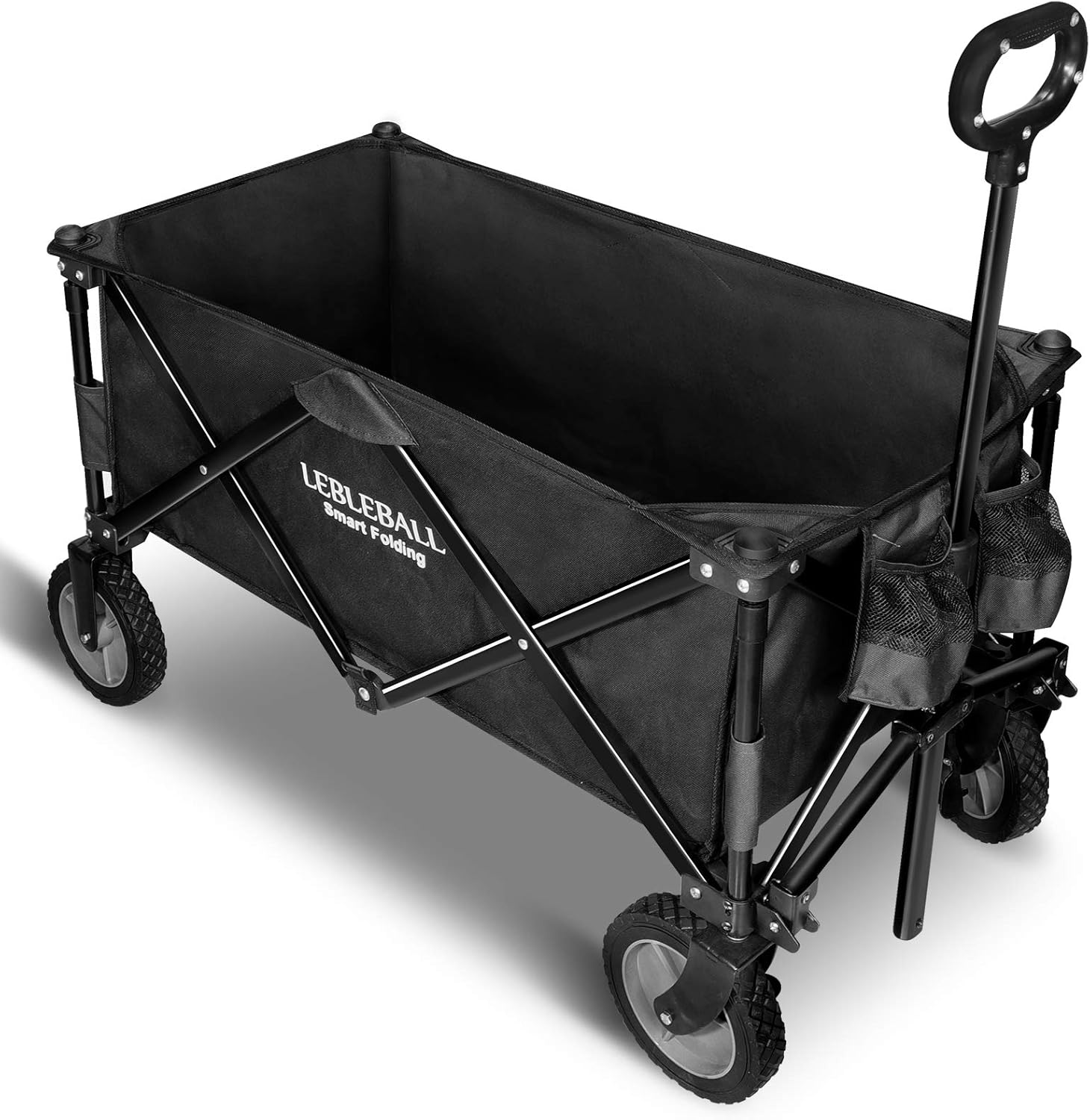 LEBLEBALL Outdoor Collapsible Folding Portable Heavy Duty Large Capacity Utility Wagon All Terrain Wagon Cart with 2 Cup Holders and Big Wheels Brake for Camping, Garden-Blue