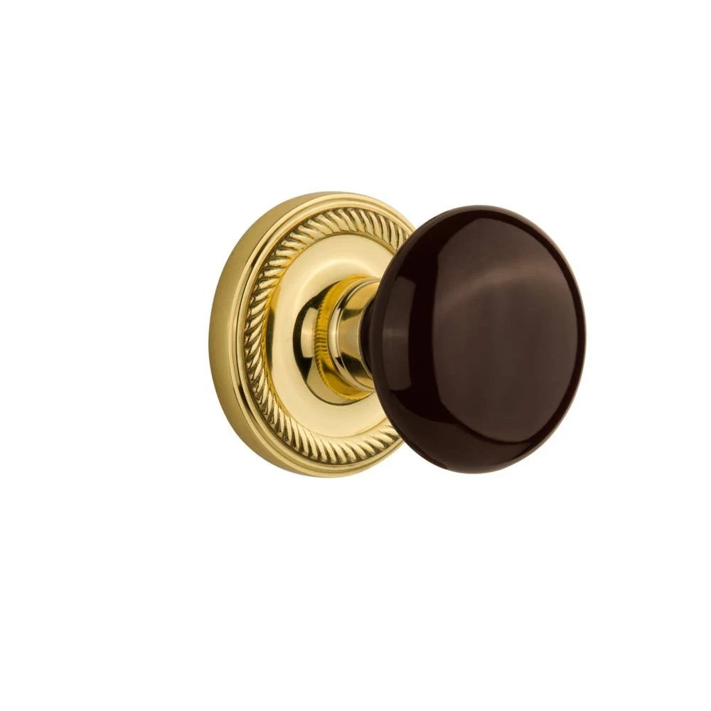 Nostalgic Warehouse 716896 Rope Rosette Single Dummy Brown Porcelain Door Knob, Unlacquered Brass