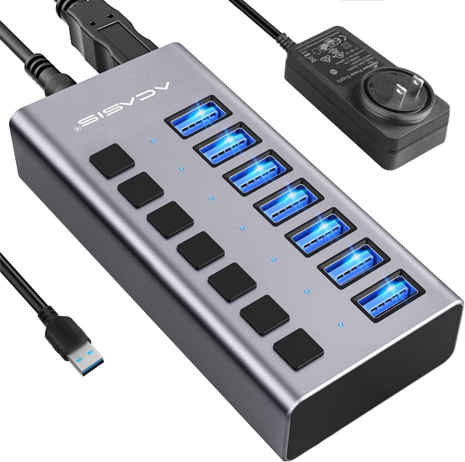 Powered USB Hub - ACASIS 7 Ports 36W USB 3.0 Data Hub - with Individual On/Off Switches and 12V/3A Power Adapter USB Hub 3.0 Splitter for Laptop, PC, Computer, Mobile HDD, Flash Drive and More Pack of 2