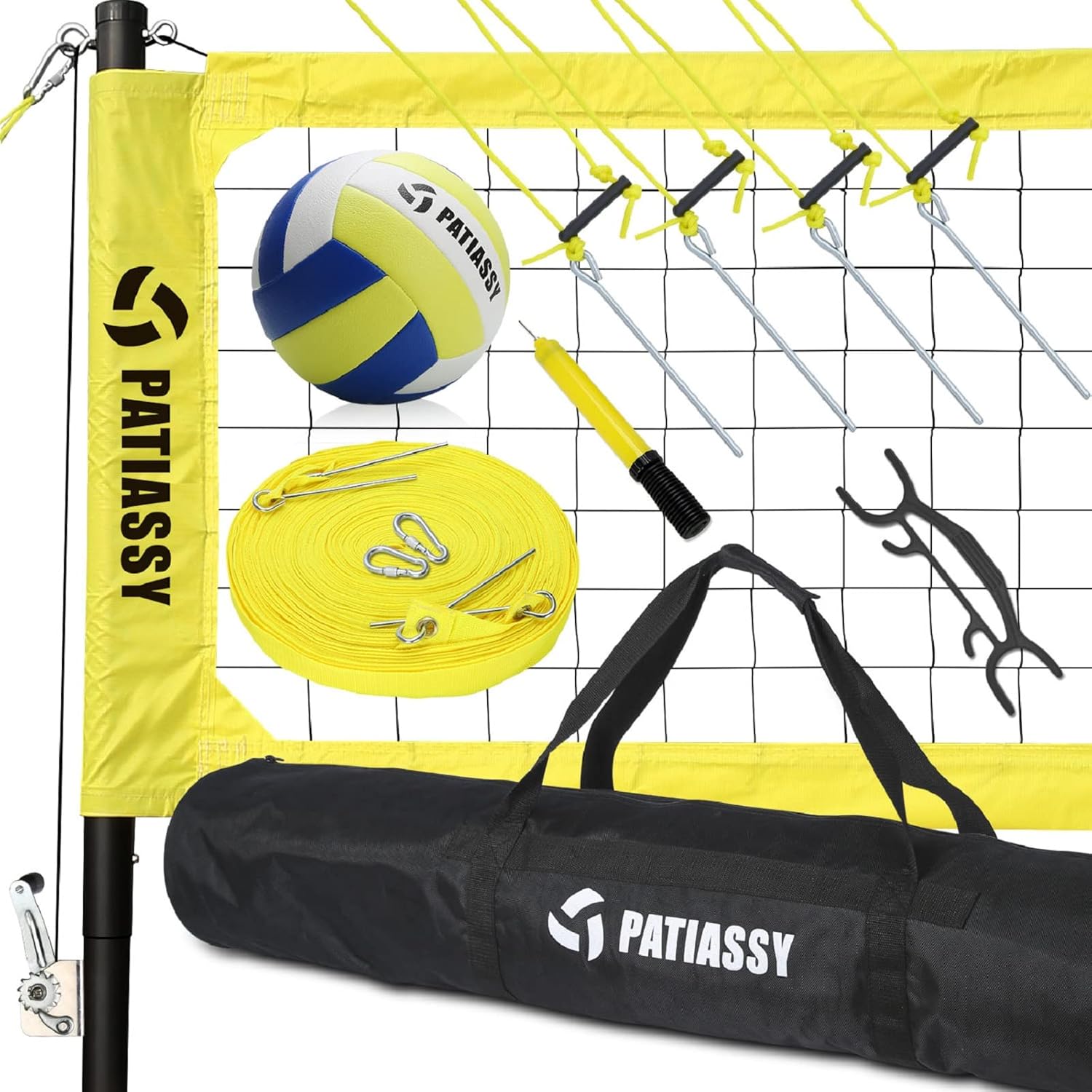 Patiassy Portable Volleyball Net Set with Adjustable Height Aluminum Poles, Winch System, Volleyball and Carrying Bag for Outdoor Backyard Beach