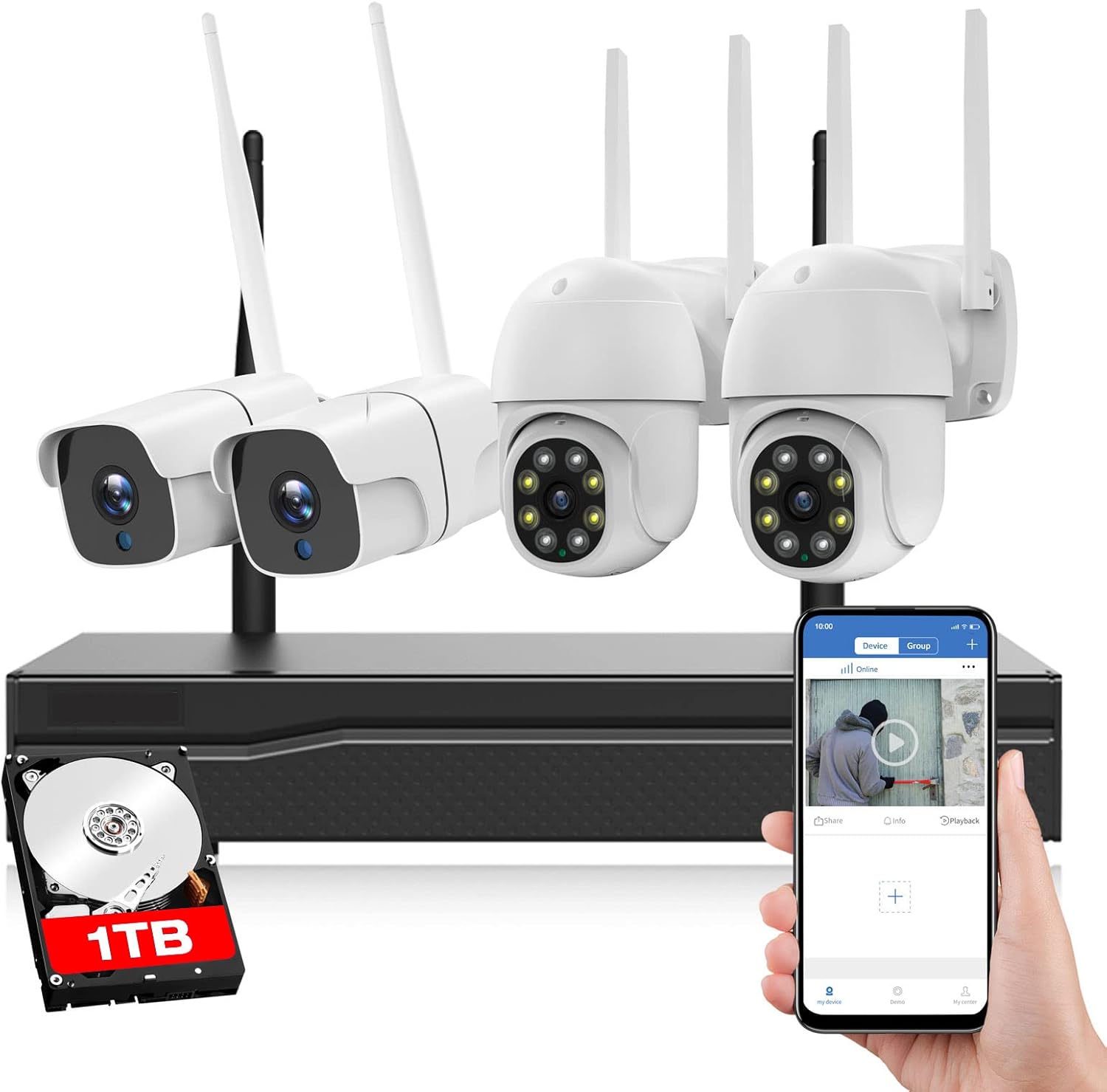 3MP Home Security Camera System Wireless Outdoor, 8 Channel WiFi Surveillance NVR Kits with 2X IP Cameras & 2X PTZ Cameras, 1TB HDD, Two-Way Audio, Color Night Vision, Motion Alert, Remote Access