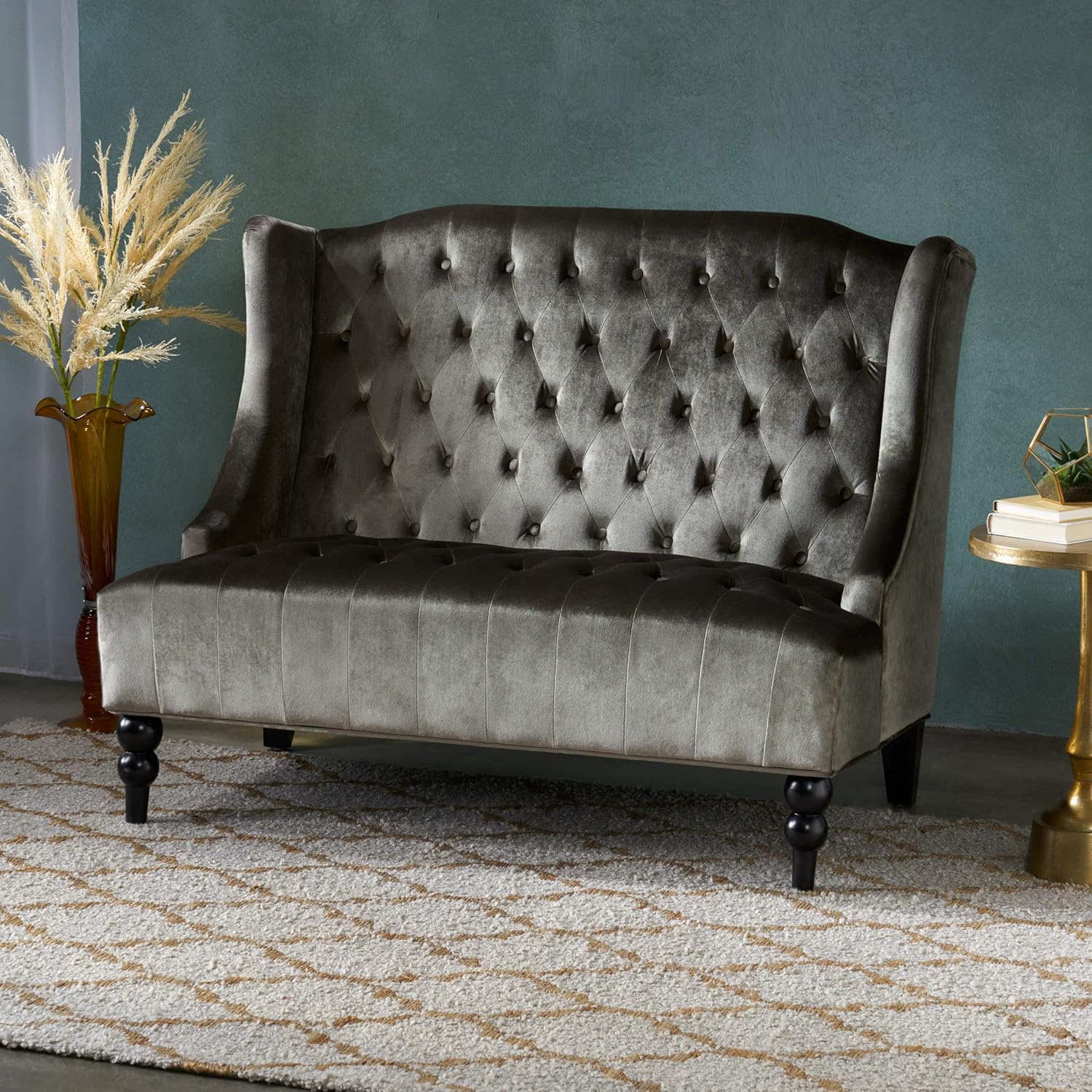 Leona Modern Glam Tufted Velvet Wingback Loveseat, Gray and Dark Brown