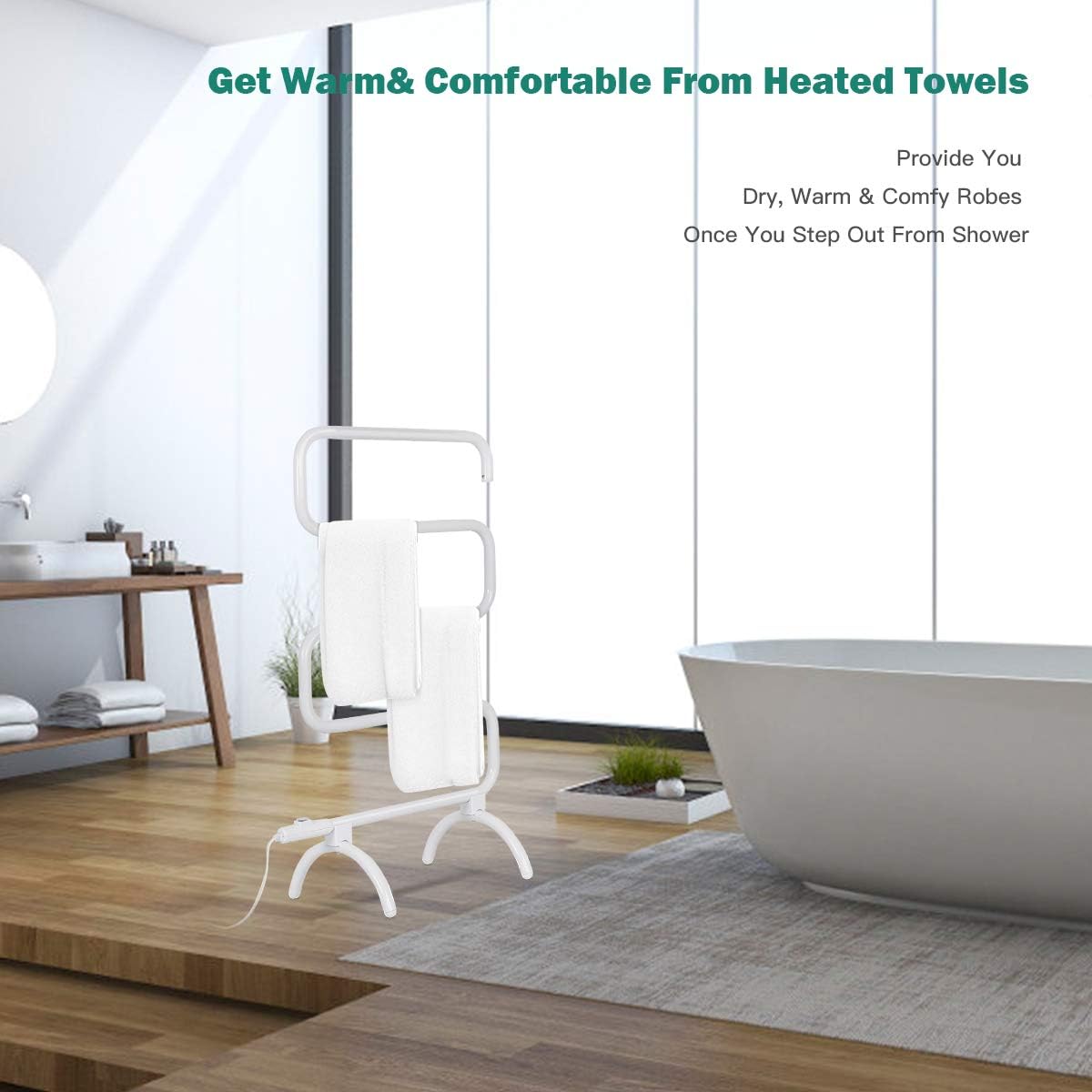 Tangkula Towel Warmer, Home Bathroom Electric 5-Bar Towel Drying Rack, Freestanding and Wall Mounted Design Towel Hanger, Towel Heater, White (23