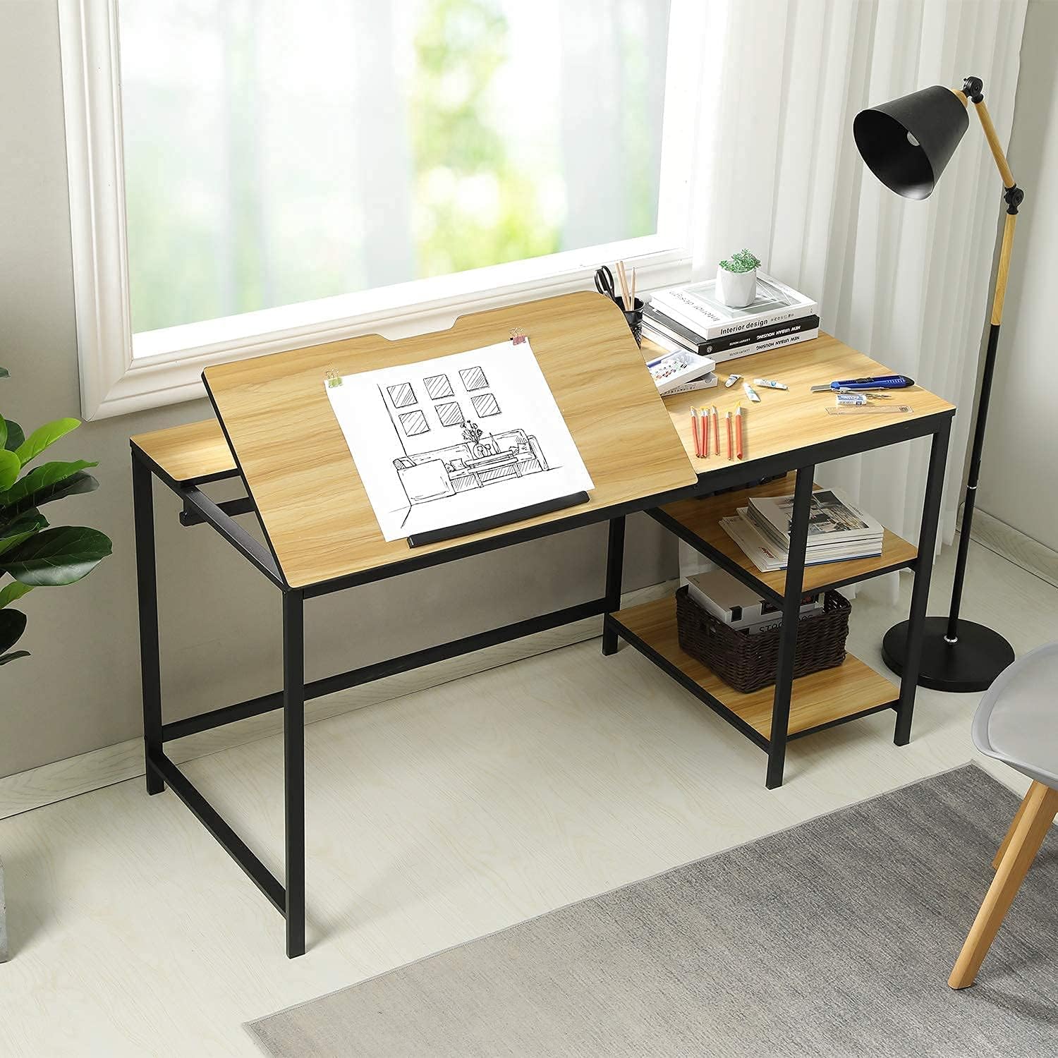 Sedeta Drafting Table, 55” Drawing Table with Adjustable Tiltable Tabletop, Multi-Function Office Desk with Storage Shelves, Large Computer Writing Desk Artist Craft Workstation for Painting, Black
