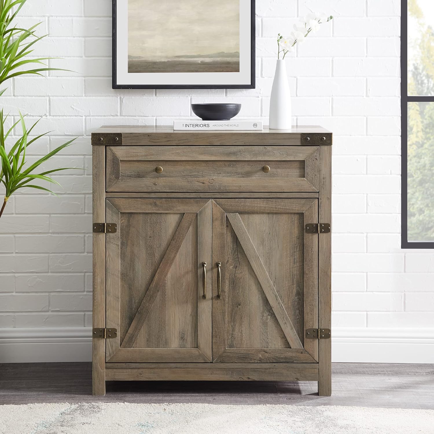 Modern Farmhouse Barn Door Accent Cabinet, Grey Wash