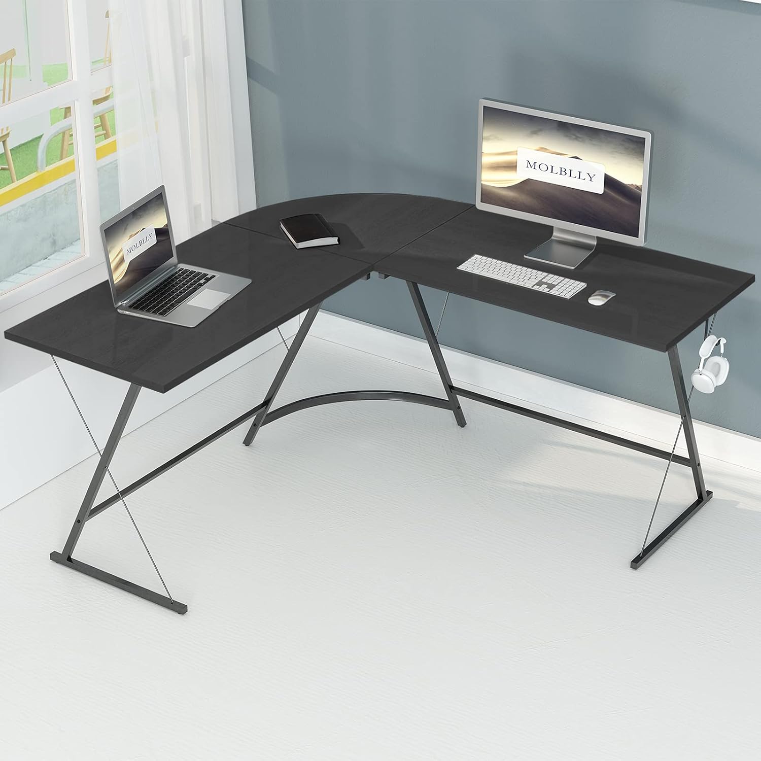 Molblly L Shaped Office Desk, 51'' Corner Computer Desk with Round Corner for Study and Gaming, Modern Simple Style PC Desk Home Office Desks Table Workstation for Small Spaces-Walnut