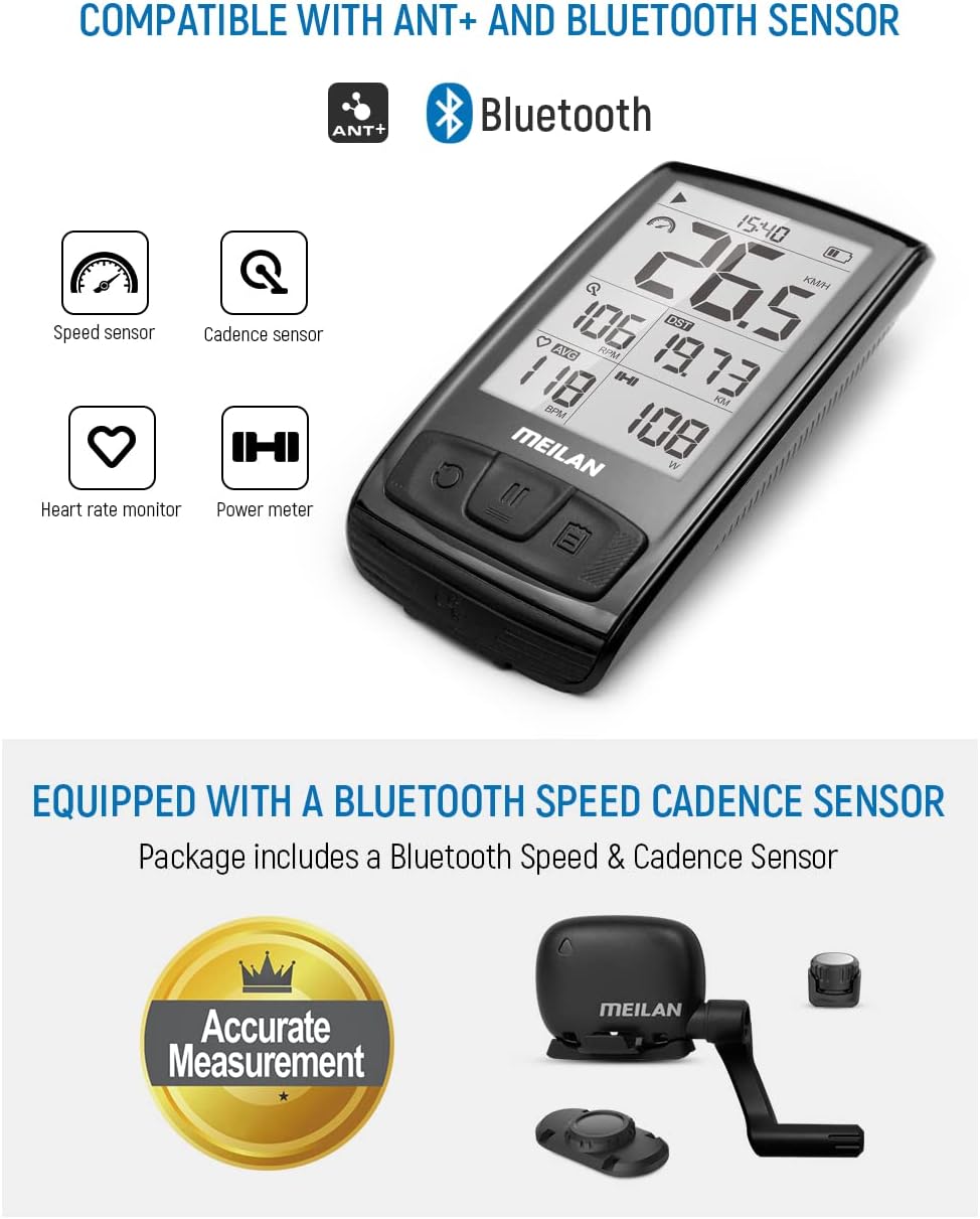 MEILAN Blade Wireless Bike Computer Cycling Computer with Backlight Speed Cadence Sensor Included Bluetooth ANT+ 80 Hours Battery 2.5in Screen Bicycle Computer Road Bike Waterproof M4 Pack of 2