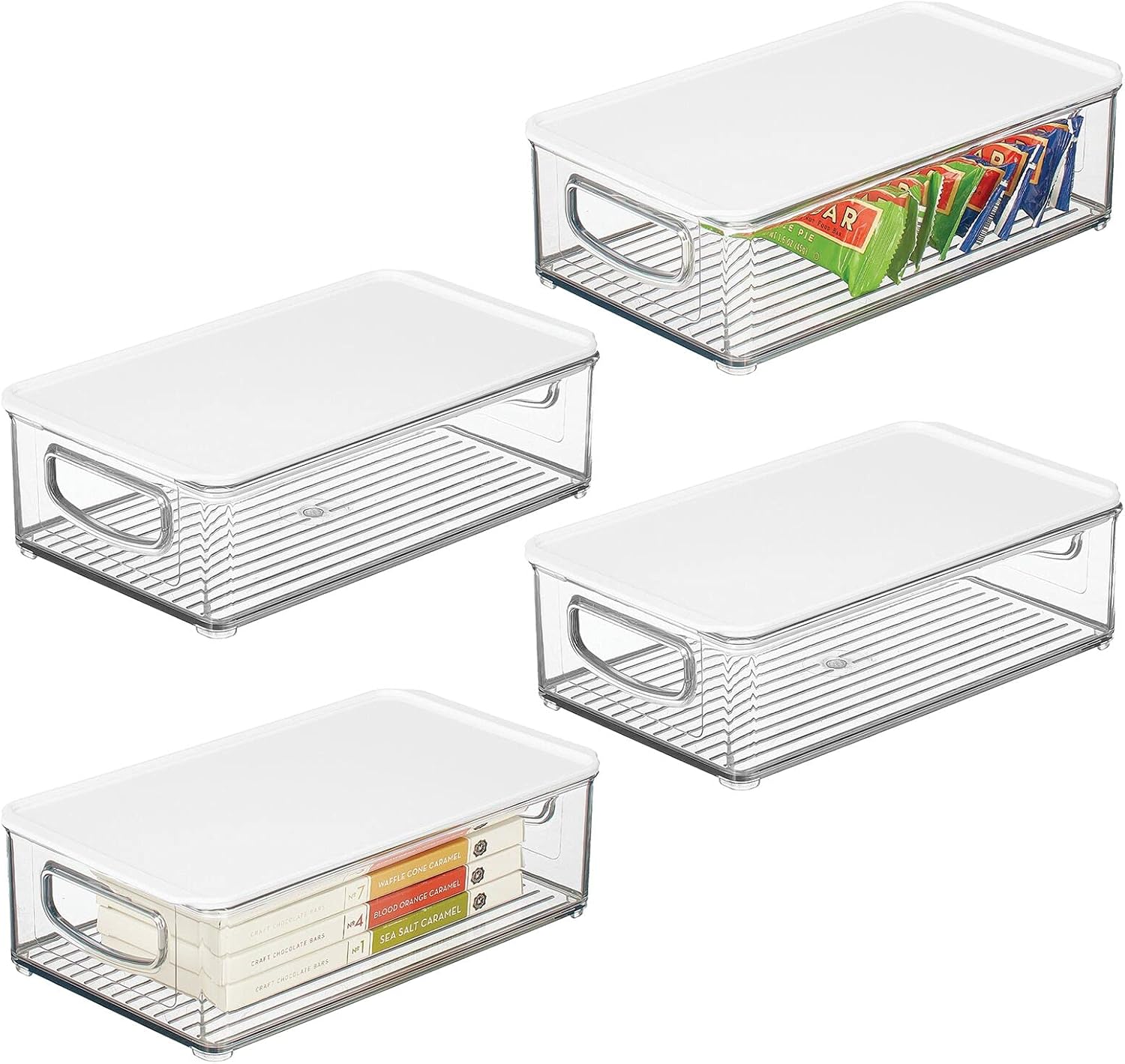 mDesign Plastic Stackable Storage Bin Organizer w/Handles for Kitchen, Bathroom, Pantry, Refrigerator, Freezer Organization, Holds Food, Fruit, Jars, Packets, Snacks, Pasta, 4 Pack - Clear/White Pack of 2